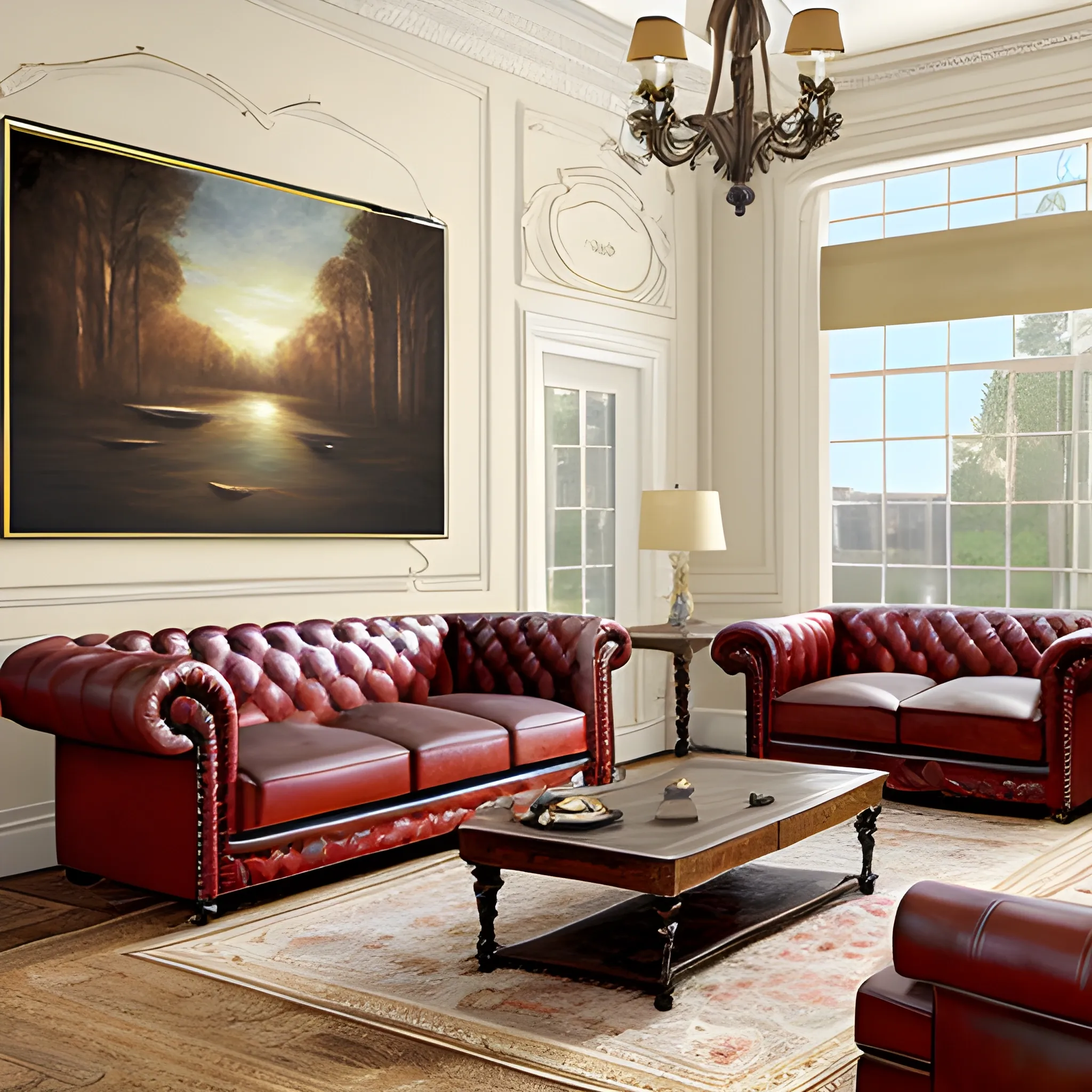 large office, table, chairs, many paintings, chesterfield sofa, 3D