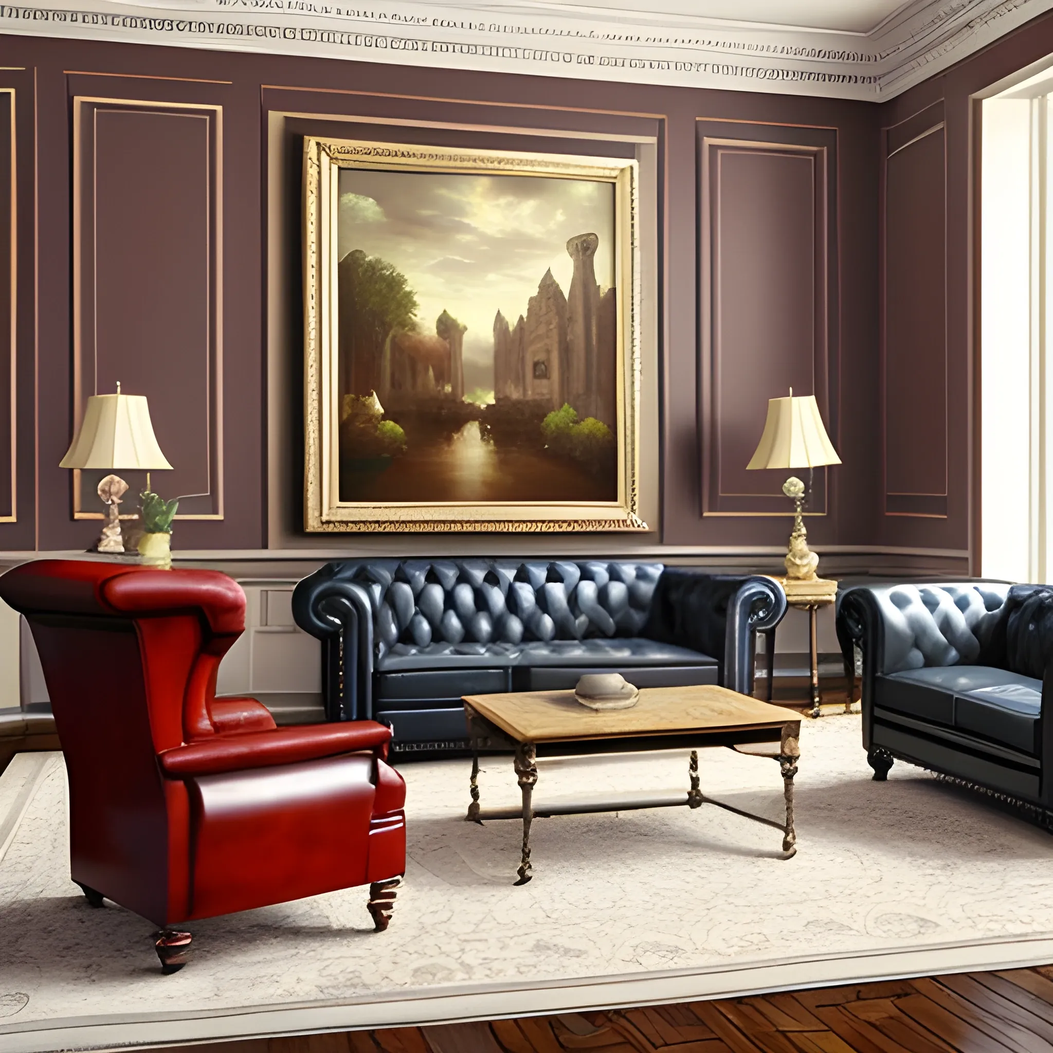 large office, table, chairs, many paintings, chesterfield sofa, 3D