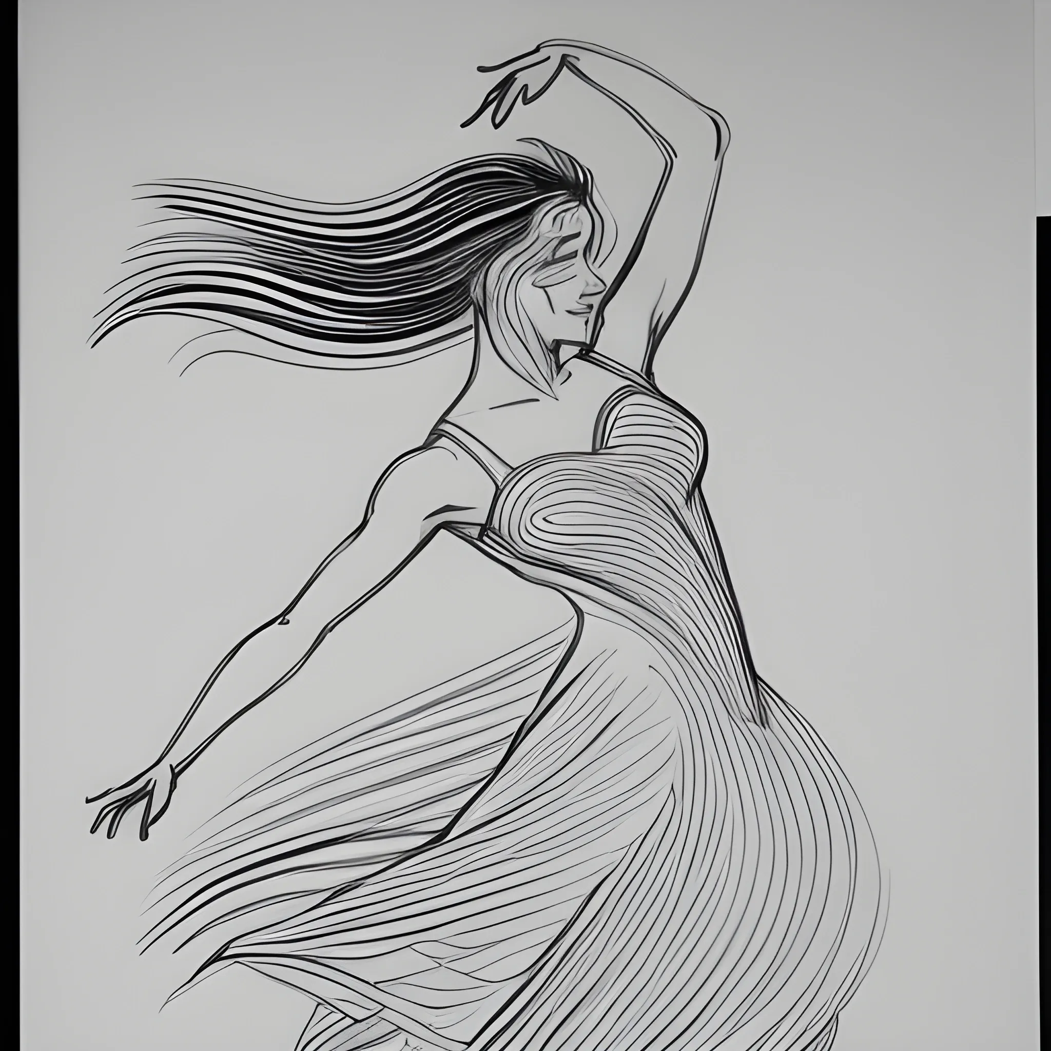 a black and white line drawing of a woman dancing. Her hair flows and she is wearing a dress.