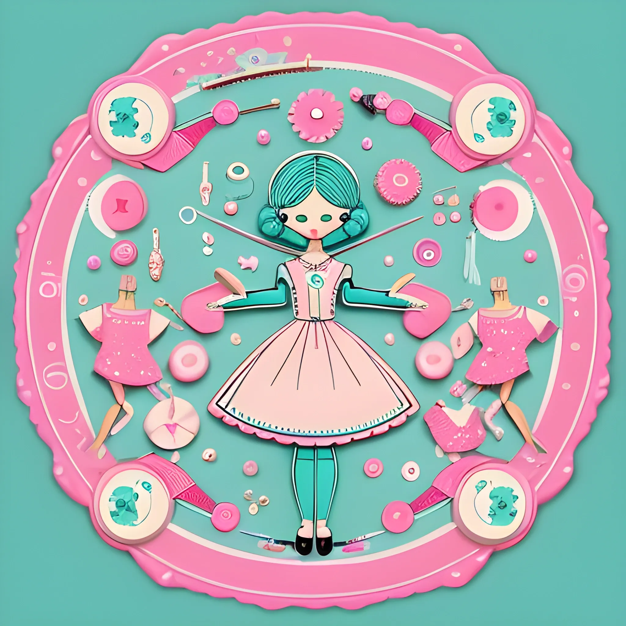 Get ready to be amazed by this unique logo that combines the art of sewing with a touch of whimsy. The dolls and their clothes are rendered in stunning detail, with a pop of teal and pink against a white background. The circular ring adds a modern twist to this visually descriptive image.