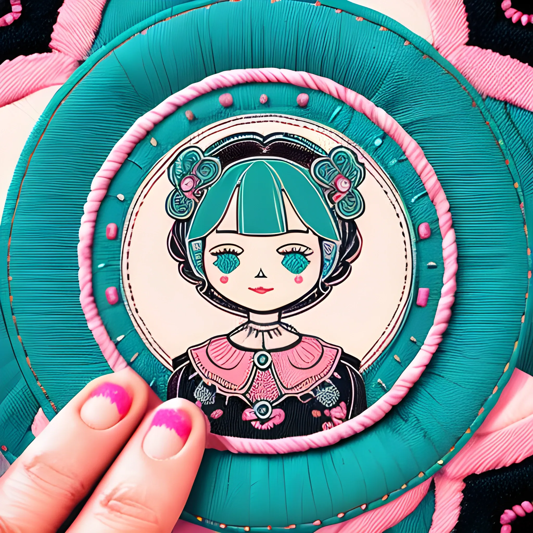 A stunningly detailed logo featuring a sewing doll concept with intricate teal and pink stitching on her clothing, set against a black and white outline art background. The circular ring adds a touch of elegance to this hyper-realistic close-up.