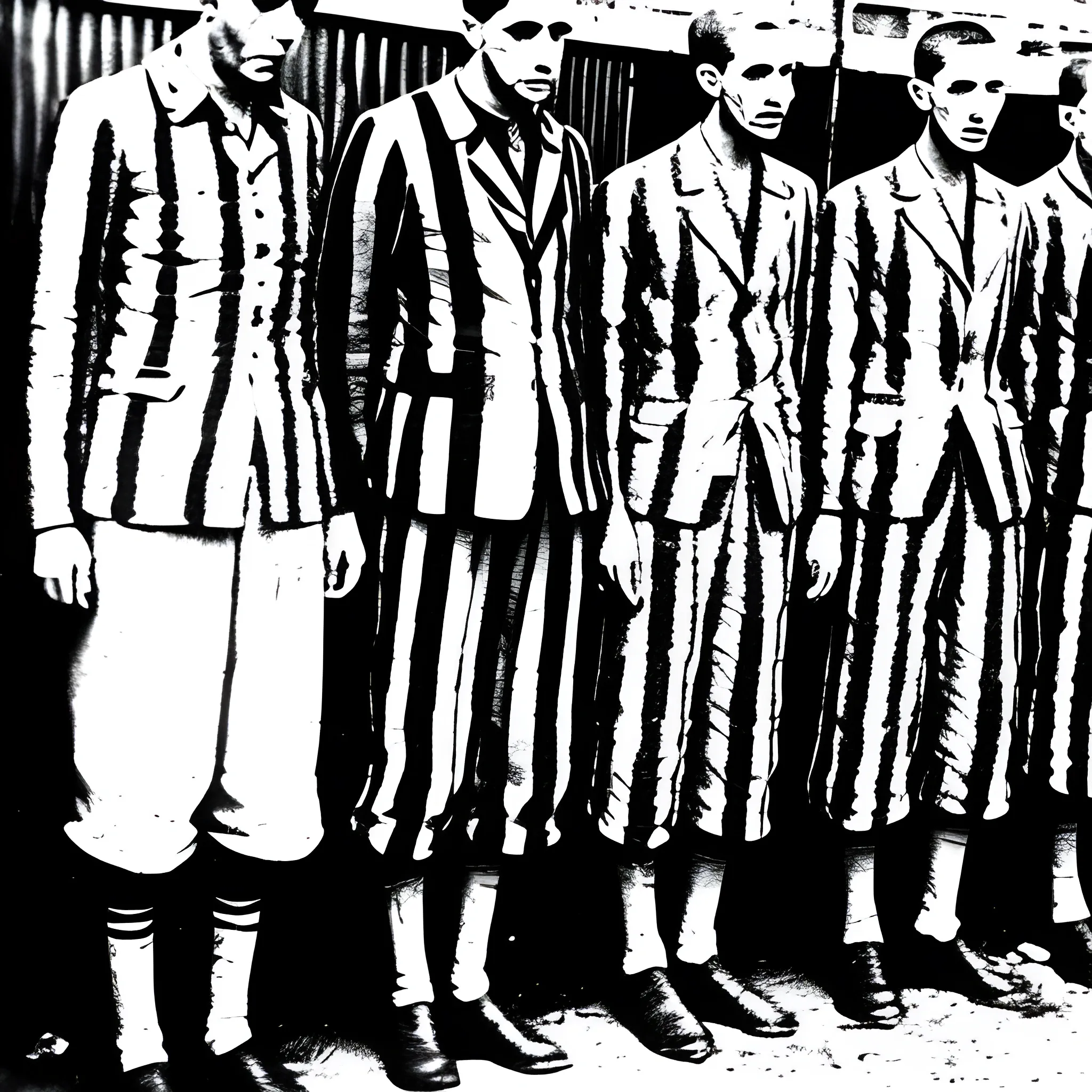 The horror of the Holocaust. Prisoners in striped suits, very thin, next to barbed wire fences in a concentration camp.