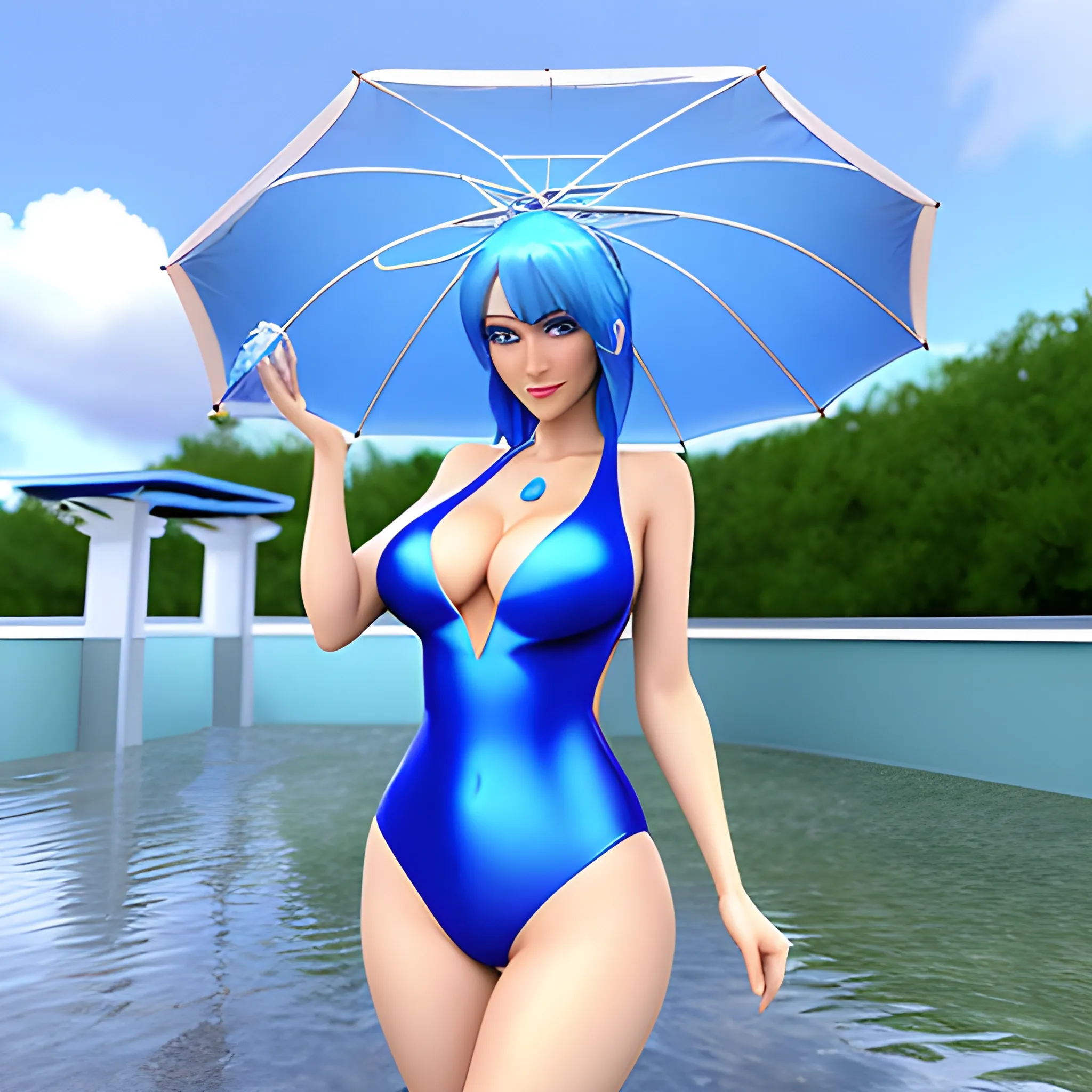 a girl with blue eyes and blue hair in a swimsuit stands in the rain with a transparent umbrella 3D