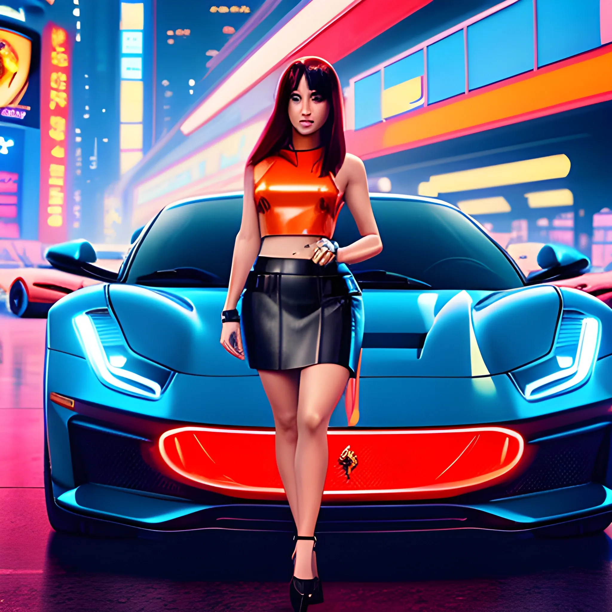 A Californian woman, 30 years old, standing next to a vibrant red luxury futuristic Ferrari blue car. wearing a futuristic, orange leather mini-skirt, a red emblem on her left ankle. The backdrop is a buoyant urban setting with neon signs, various vehicles, and a dense crowd. cyberpunk city with the skyscraper of Shanghai with a mix of traditional and futuristic elements --ar 9:16 --s 150 --c 10 --v 6.0