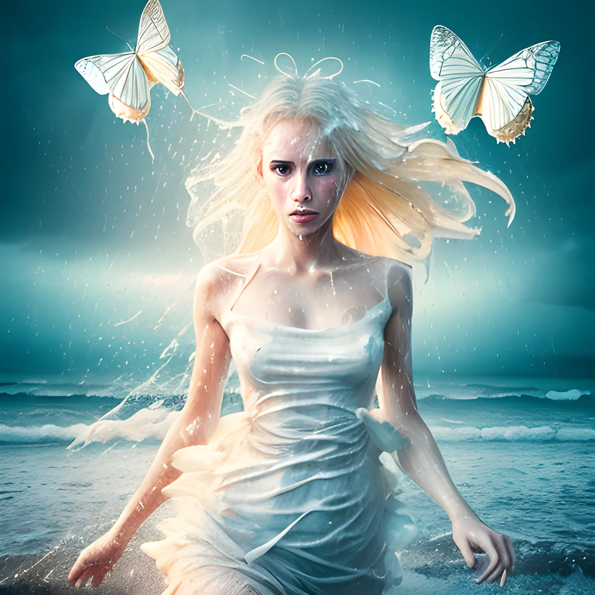 Woman dressed in a torn white dress (the dress is dissolving into white butterflies), running on the beach, sunset in background, epic lighting, torrential rain, wet blonde hair, water pouring from above, fine details, high dynamic range, sharp focus, ethereal quality, David Keochkerian style, Trippy