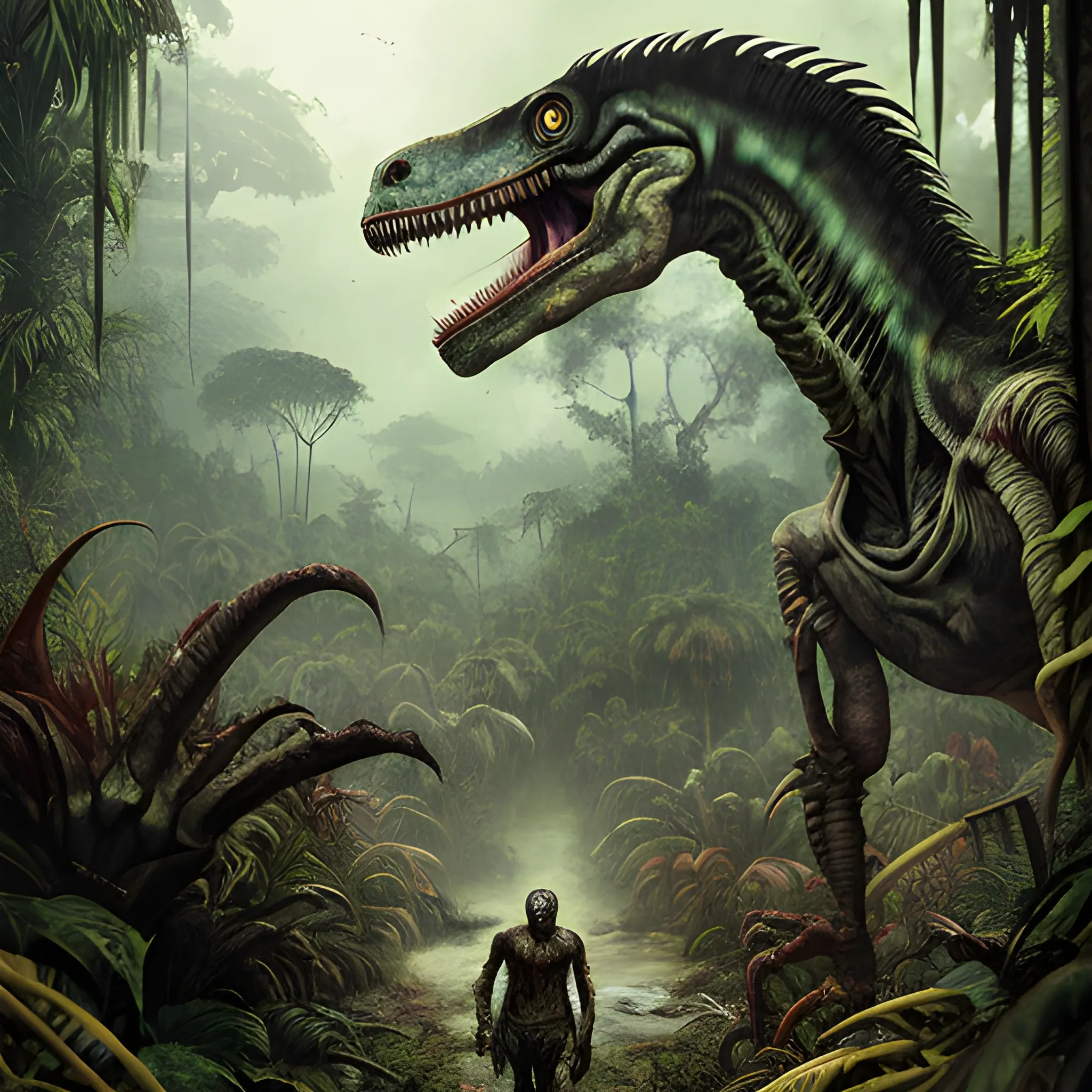 hyperrealistic art, deep within the heart of a dense and mysterious jungle lies a zombie velociraptor, jaw bone protrudes from its rotting flesh, ripped and rotting flesh, unnatural speed and agility it stalks through the undergrowth, searching for prey to satisfy its insatiable hunger, glowing yellow eyes as it approaches its next victim, victim unaware of the impending doom that awaits them in this unforgiving jungle paradise, style of Enki Bilal and Yoshitaka Amano, extremely high-resolution details, photographic, realism pushed to extreme, fine texture, incredibly lifelike,