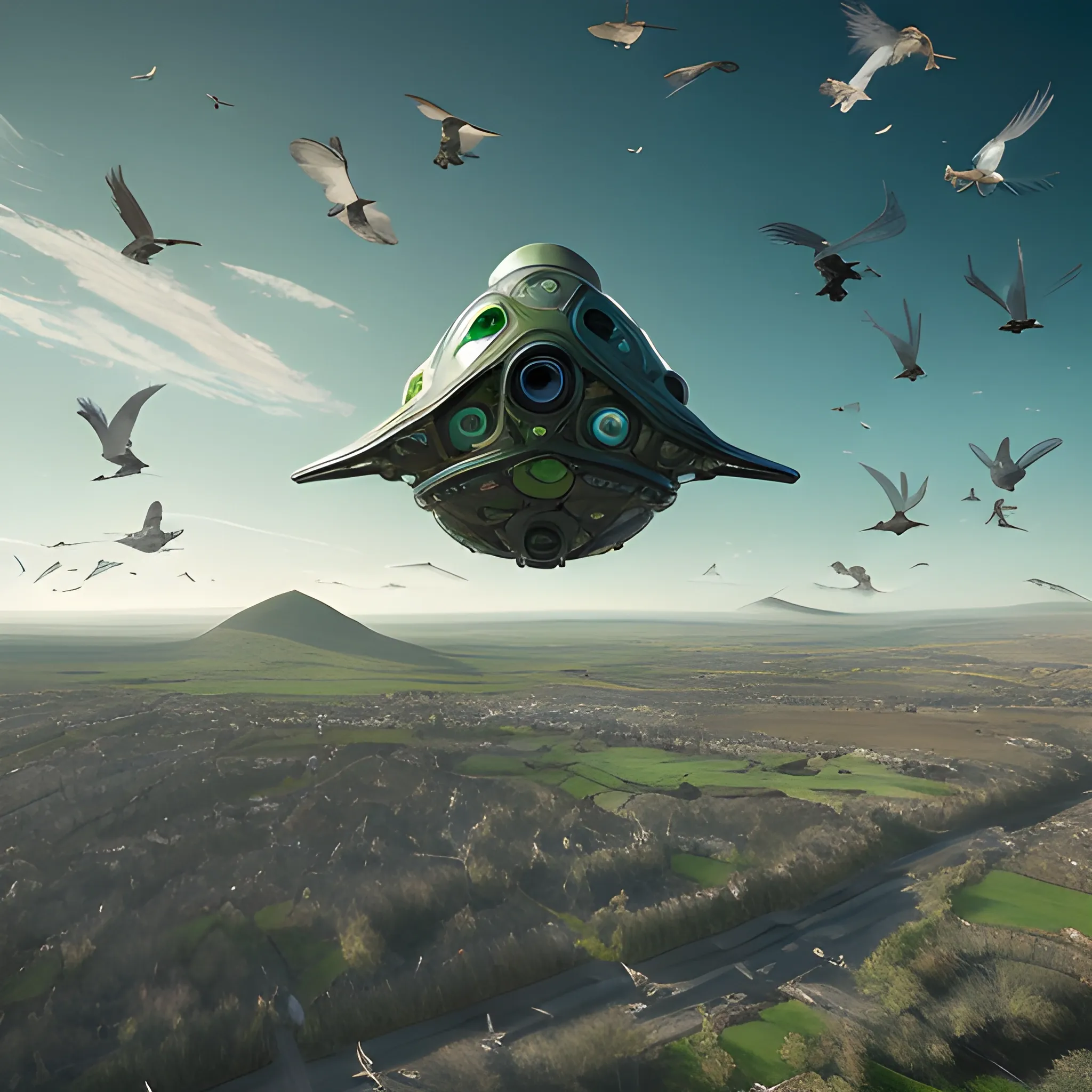 masterpiece, highly detailed photo-realistic 8k raw photo, best cinematic quality, volumetric lighting and shadows, city, cloud, flying, motor vehicle, no humans, outdoors, planet, realistic, scenery, science fiction, Irish Green spacecraft, vehicle focus, (Birds eye view:1.2)