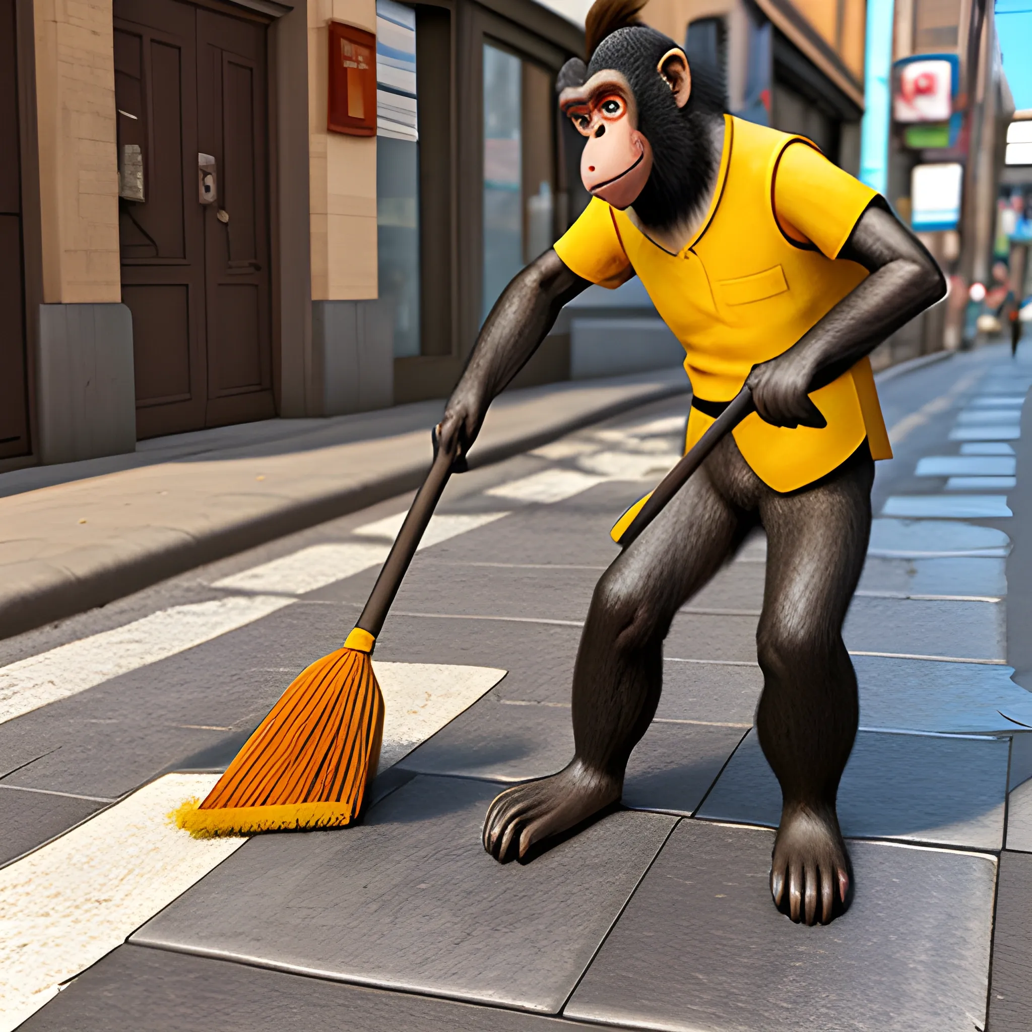 A monkey sweeping the street with a broom, 3D