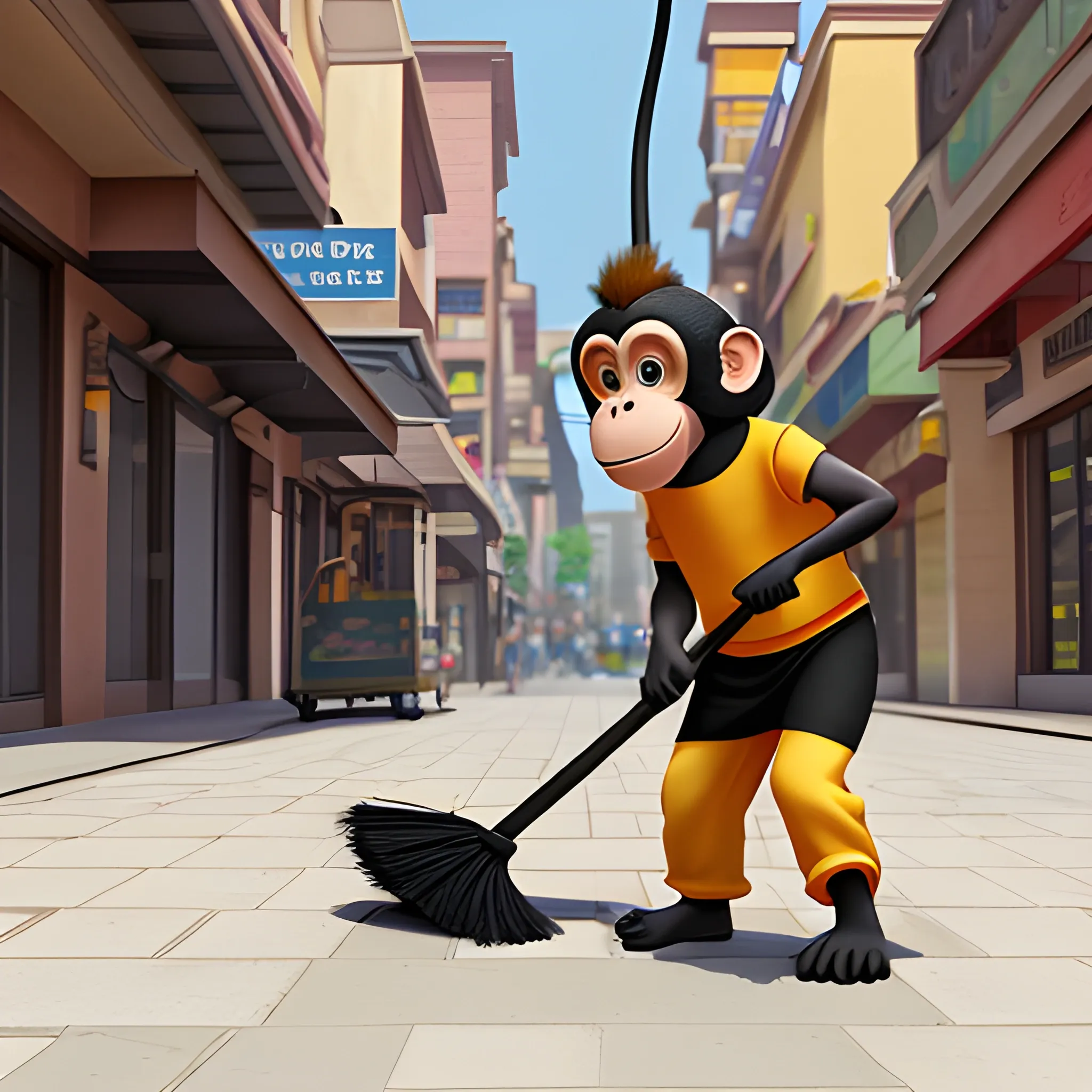 A monkey sweeping the street with a broom, 3D, Cartoon