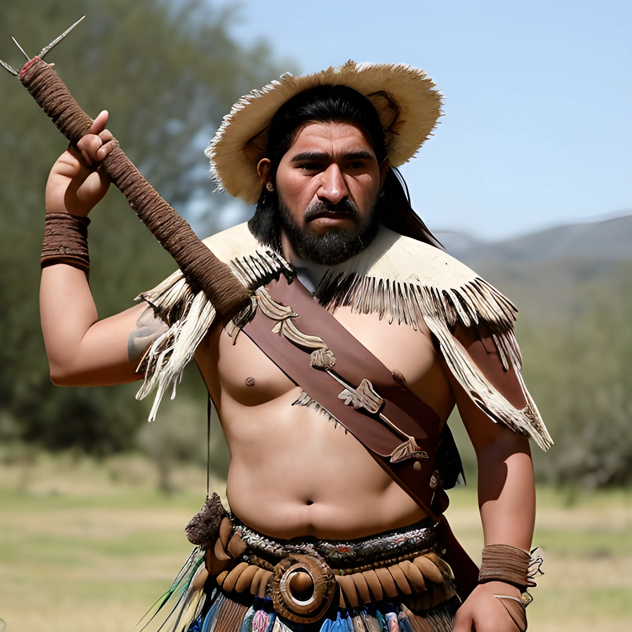 Título: El Jinete Indigena Mapuche

Descripción del Personaje:

Nombre: Ñanco

Edad: 28 años

Descripción Física: Ñanco es un guerrero indigena mapuche de estatura alta, con una complexión atlética y fuerte. Su piel bronceada por el sol y sus rasgos marcados reflejan su herencia indígena. Tiene una presencia imponente y una mirada intensa que denota determinación y coraje.

Vestimenta: Ñanco viste ropas tradicionales mapuche. En su cabeza lleba un cintillo, un pellón de cuero decorado con símbolos ancestrales y plumas de cóndor que ondean al viento. Sus pantalones y sandalias de cuero le proporcionan comodidad y movilidad mientras cabalga. Lleva un manto tejido con colores vivos que representa su linaje y estatus como guerrero. 

Armamento: Ñanco porta una lanza larga de madera dura con una punta de metal afilada, su arma principal tanto a pie como a caballo. Además, lleva un arco mapuche expertamente elaborado y un carcaj lleno de flechas emplumadas, que utiliza con destreza desde la silla de su caballo. Un cuchillo mapuche, conocido como "puñal", cuelga de su cinturón como arma de último recurso en combate cuerpo a cuerpo.

Caballo: Su fiel compañero de batalla es un corcel mapuche robusto y ágil, de pelaje oscuro y ojos vivaces. El caballo, entrenado desde potro para la guerra, responde con prontitud a las órdenes de Ñanco y es una extensión de su propio ser en el campo de batalla.

Personalidad: Ñanco es un guerrero valiente y decidido, comprometido con la defensa de su tierra y su pueblo contra la invasión española. Es hábil en la equitación y en el combate a caballo, y su destreza en el arco y la lanza lo convierten en un oponente formidable en el campo de batalla.

Trasfondo: Nacido en una familia de guerreros mapuches, Ñanco ha sido entrenado desde joven en las artes de la guerra y la equitación. Ha participado en numerosas incursiones contra las fuerzas invasoras españolas y se ha ganado el respeto de su comunidad por su valentía y habilidad en el combate.

