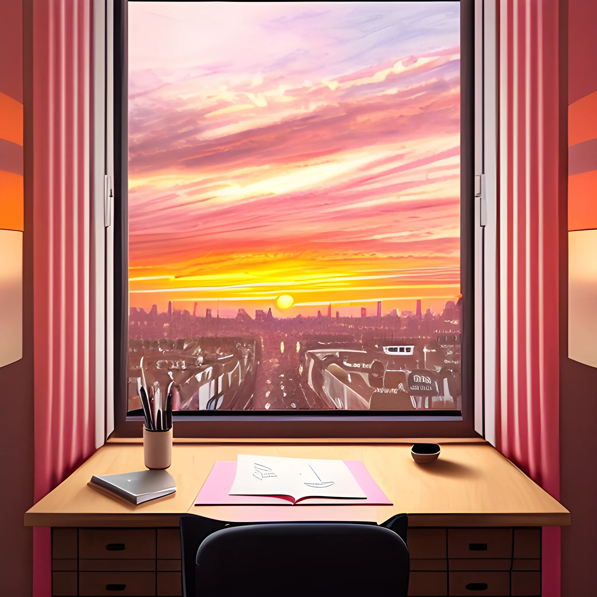 A blonde girl sitting in a semi-dark room, next to her desk, drawing in a notebook, a cat on the desk, in the background a window overlooking the street where you can see the sunset with some orange and pink clouds typical of a sunset