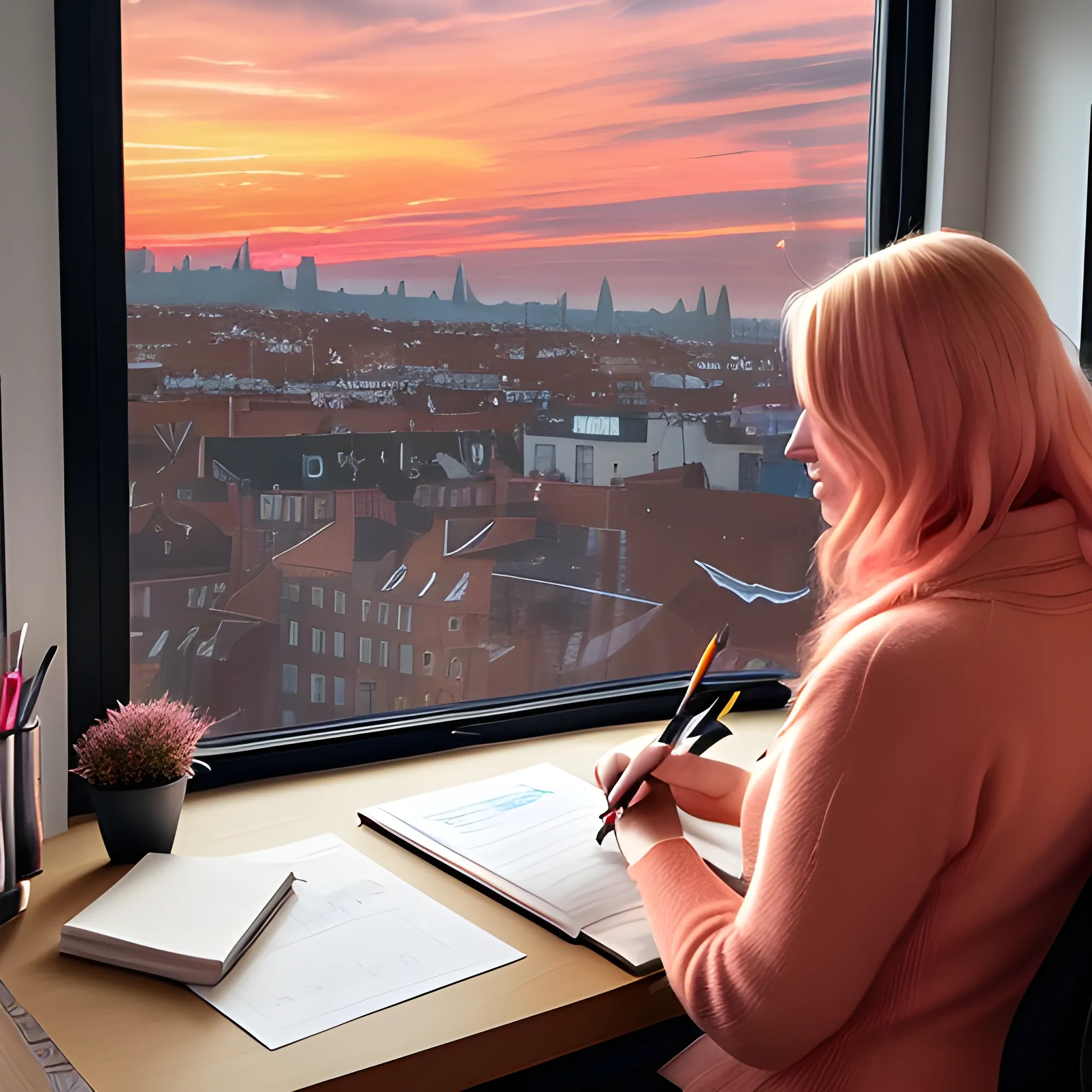 A blonde girl sitting in a semi-dark room, next to her desk, drawing in a notebook, a cat on the desk, in the background a window overlooking the street where you can see the sunset with some orange and pink clouds typical of a sunset