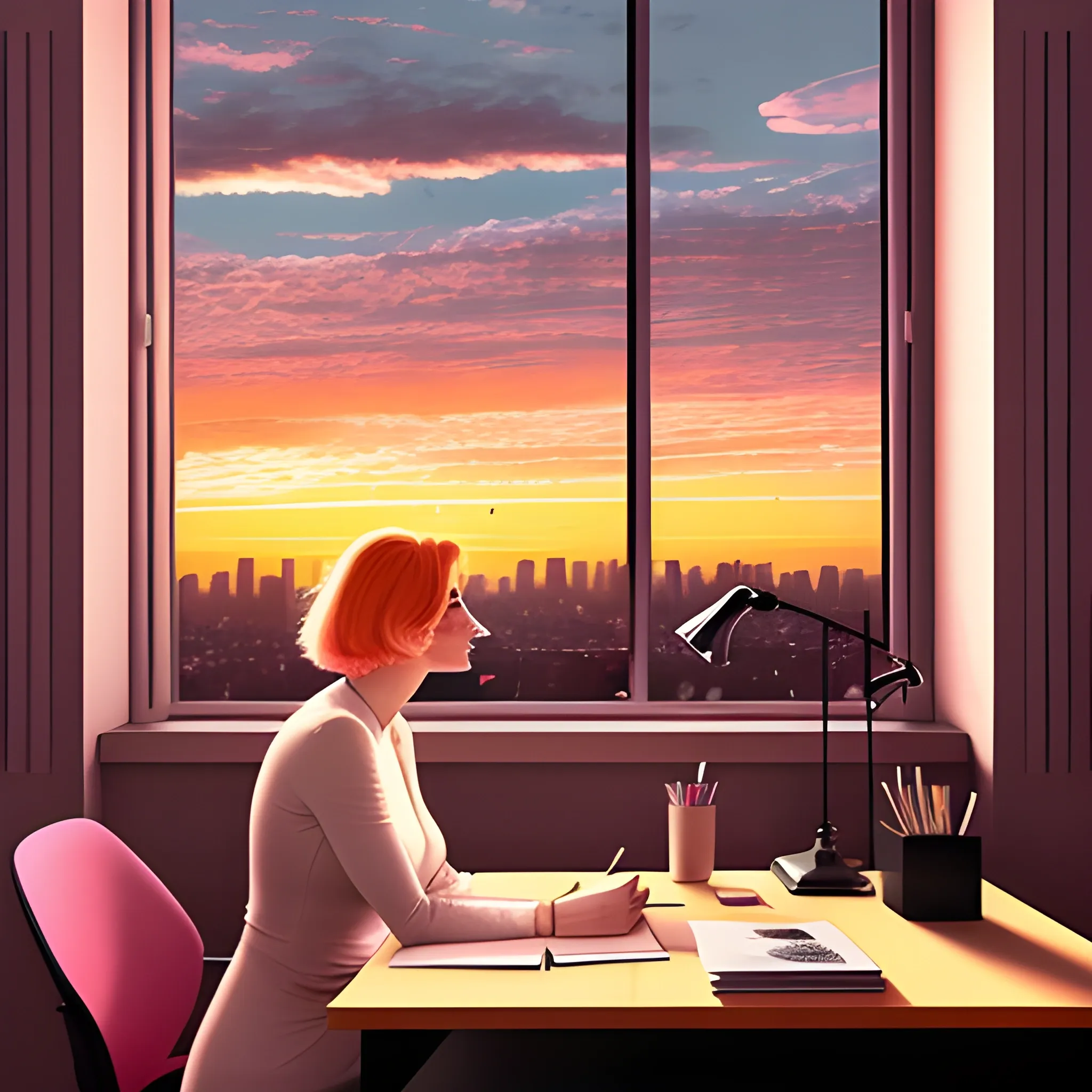 A blonde girl sitting in a semi-dark room, next to her desk, drawing in a notebook, a cat on the desk, in the background a window overlooking the street where you can see the sunset with some orange and pink clouds typical of a sunset