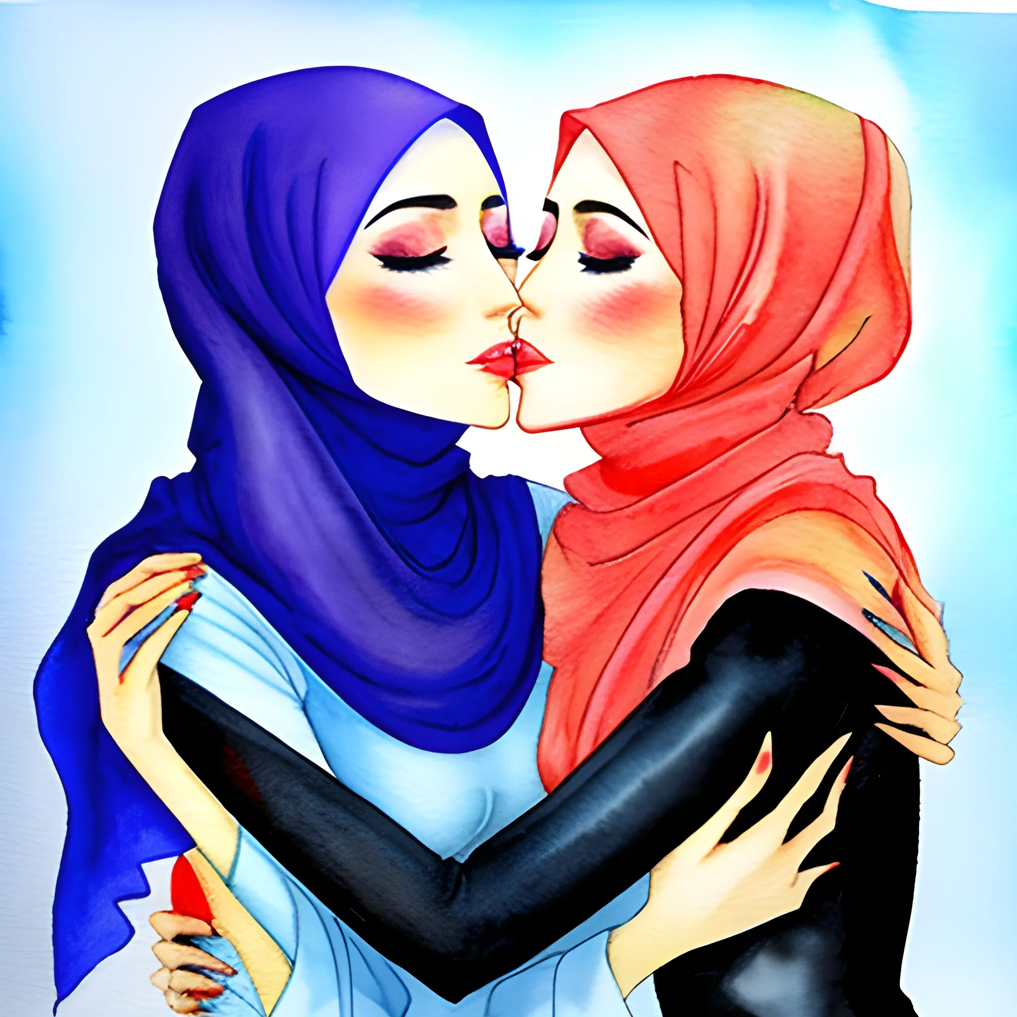 two hijab girl hugging and kissing, Water Color