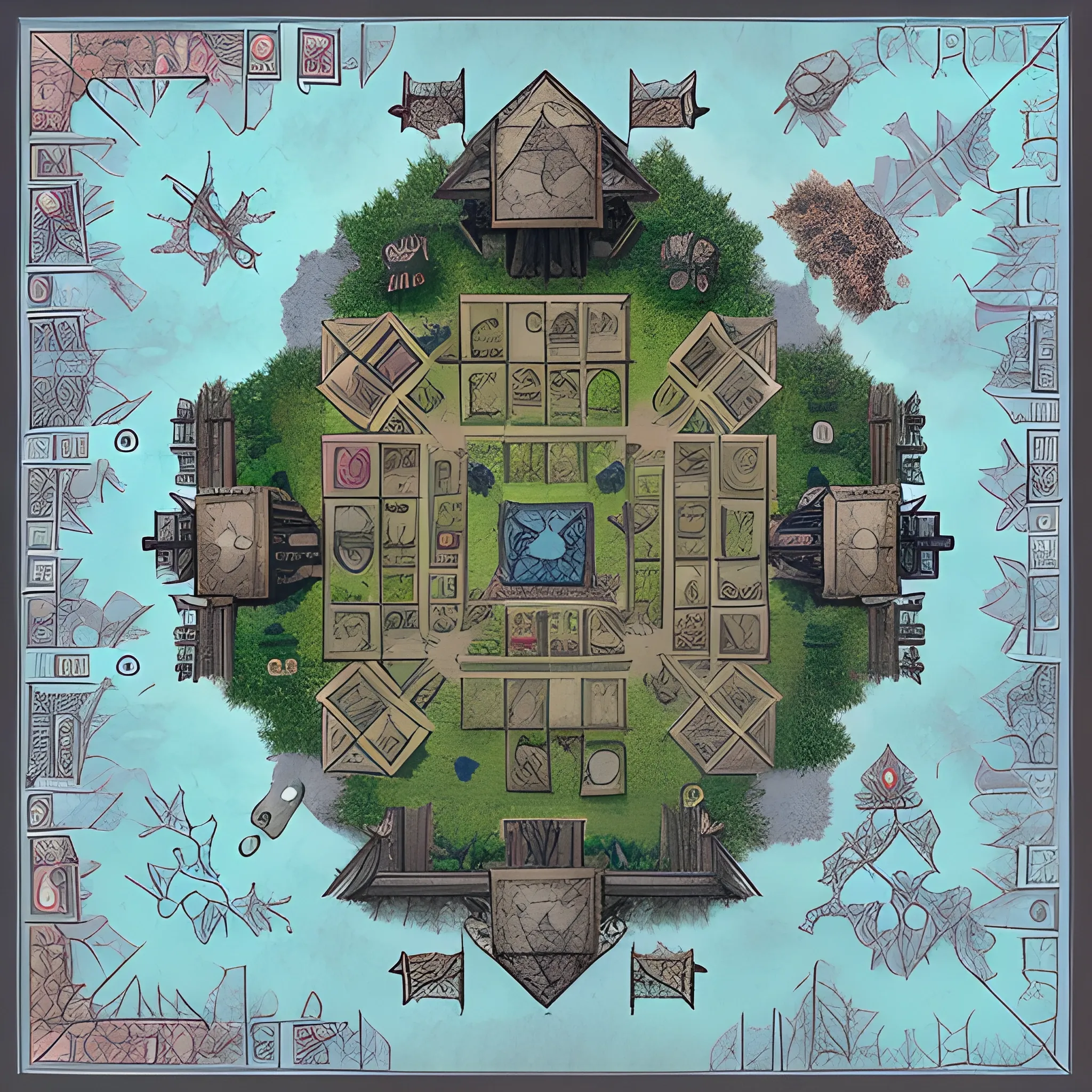 RPG Top Down Battlemap Style, viewed from a birds eye perspective in 2D: A creepy dead zikkurat, that can only be seen as squares from up top, overgrown by creep and dead, decazing mushrooms, covered in snow, with a large blue crystal levitating on top of the pyramid.