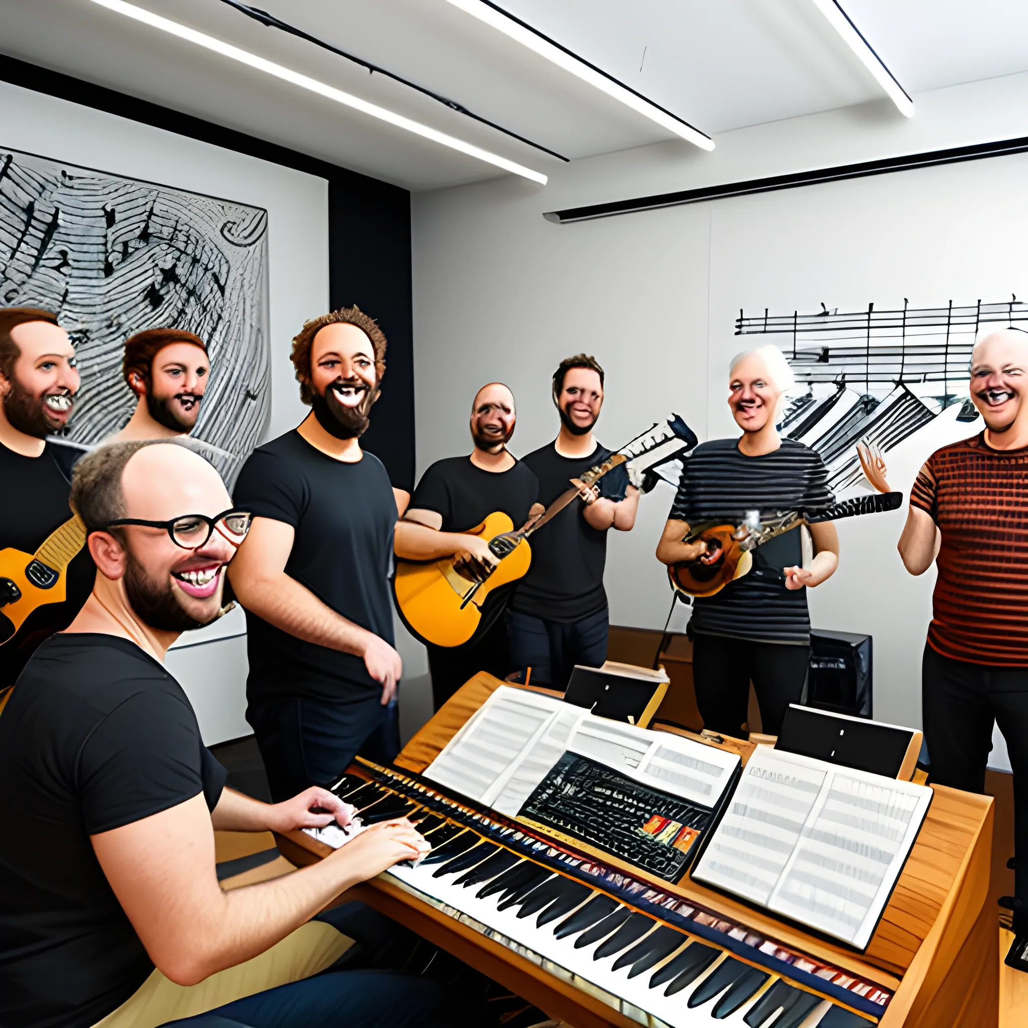 A group of teenagers and adults composing music in a studio, surrounded by musical notes and smiling, Cartoon