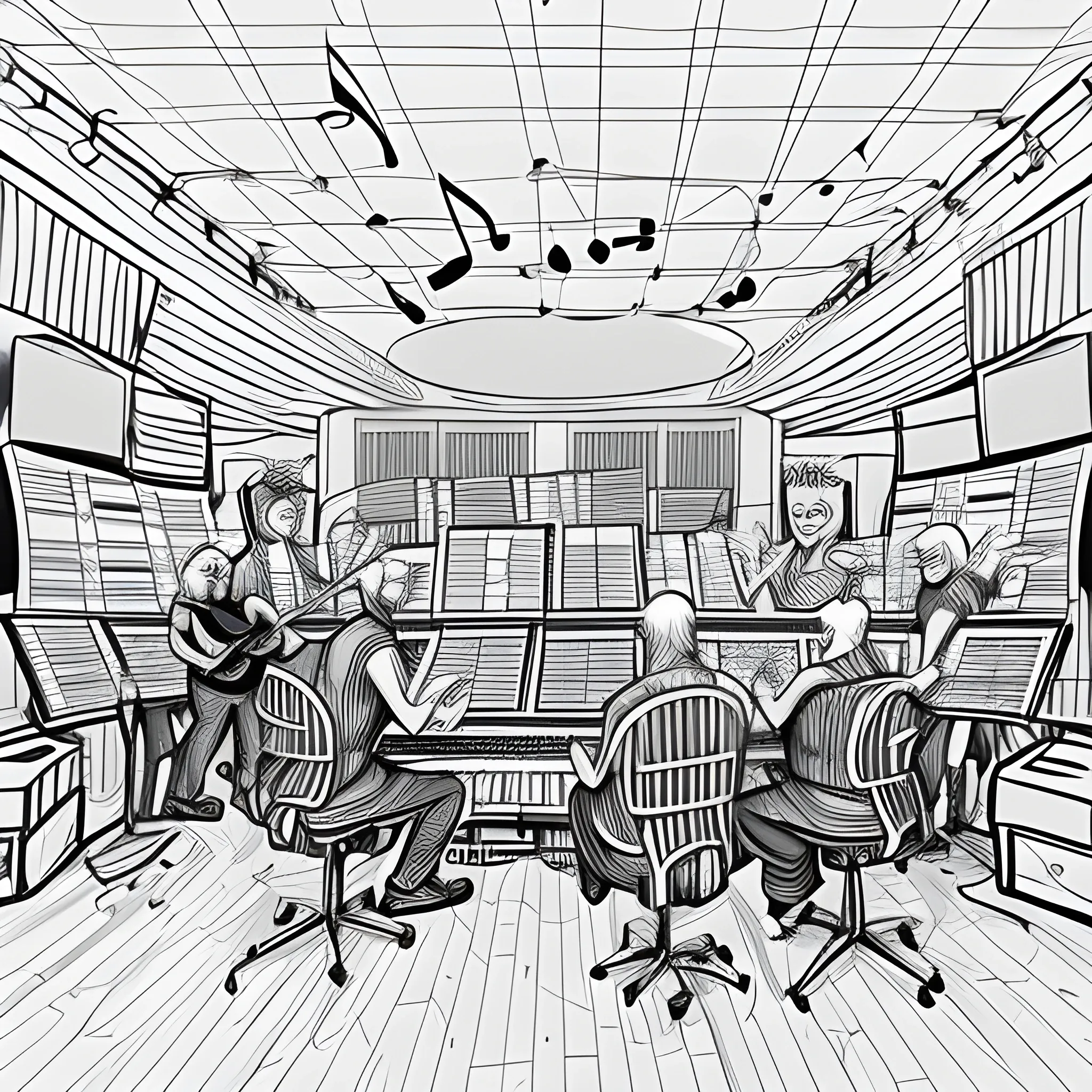 A group of teenagers and adults composing music in a studio, surrounded by musical notes and smiling, Cartoon, Pencil Sketch