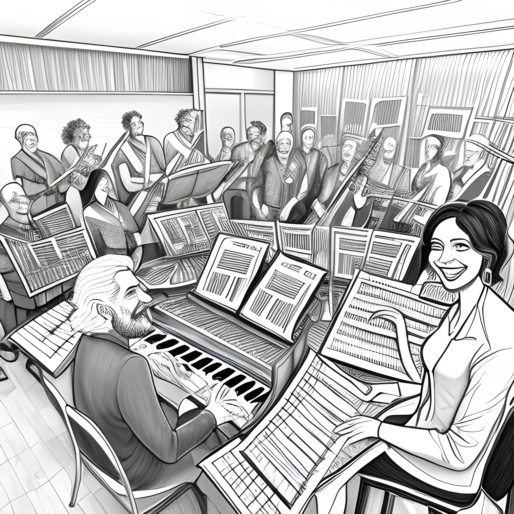 A group of teenagers and adults composing music in a studio, surrounded by musical notes and smiling, Cartoon, Pencil Sketch