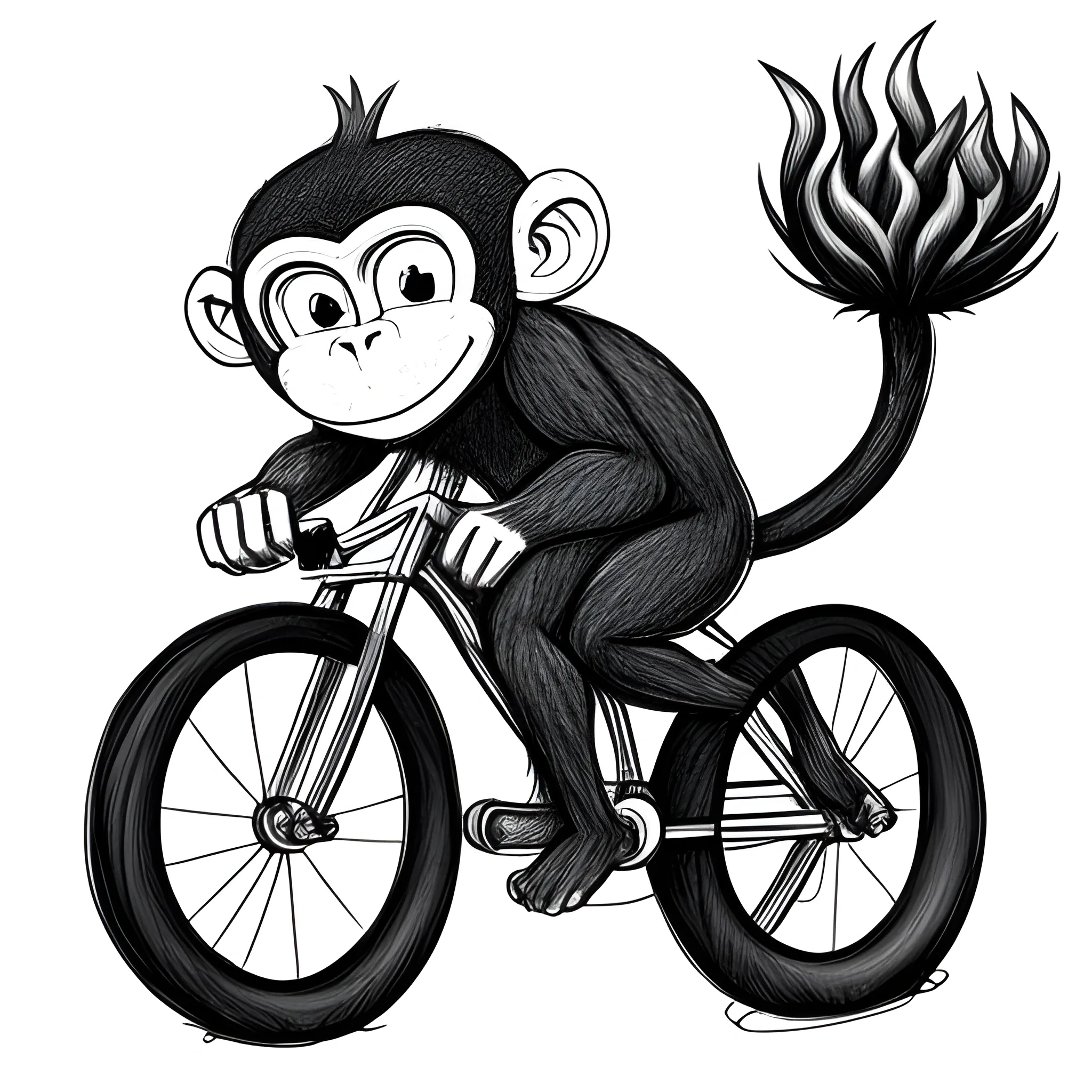 A MONKEY ON A BIKE, JUGGING FIRE BALLS, Cartoon, Pencil Sketch