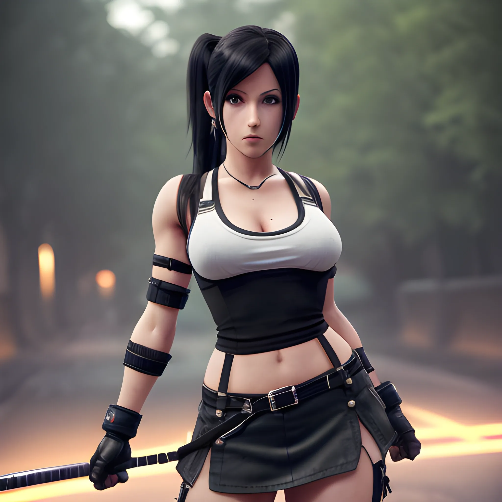 Create a detailed and accurate image of Tifa Lockhart from Final Fantasy VII. She should be depicted with her signature strapped hair, which is tied up in a long, high ponytail with a black strap. Tifa is wearing her iconic outfit: a white tank top, cleavage, big breasts, black mini-skirt, red gloves, and black combat boots. sweating. She also has her black suspenders, elbow guards, and knee-high socks.,outdoors,bokeh,(highres, highly detailed:1.2),cinematic lighting,vibrant colors,