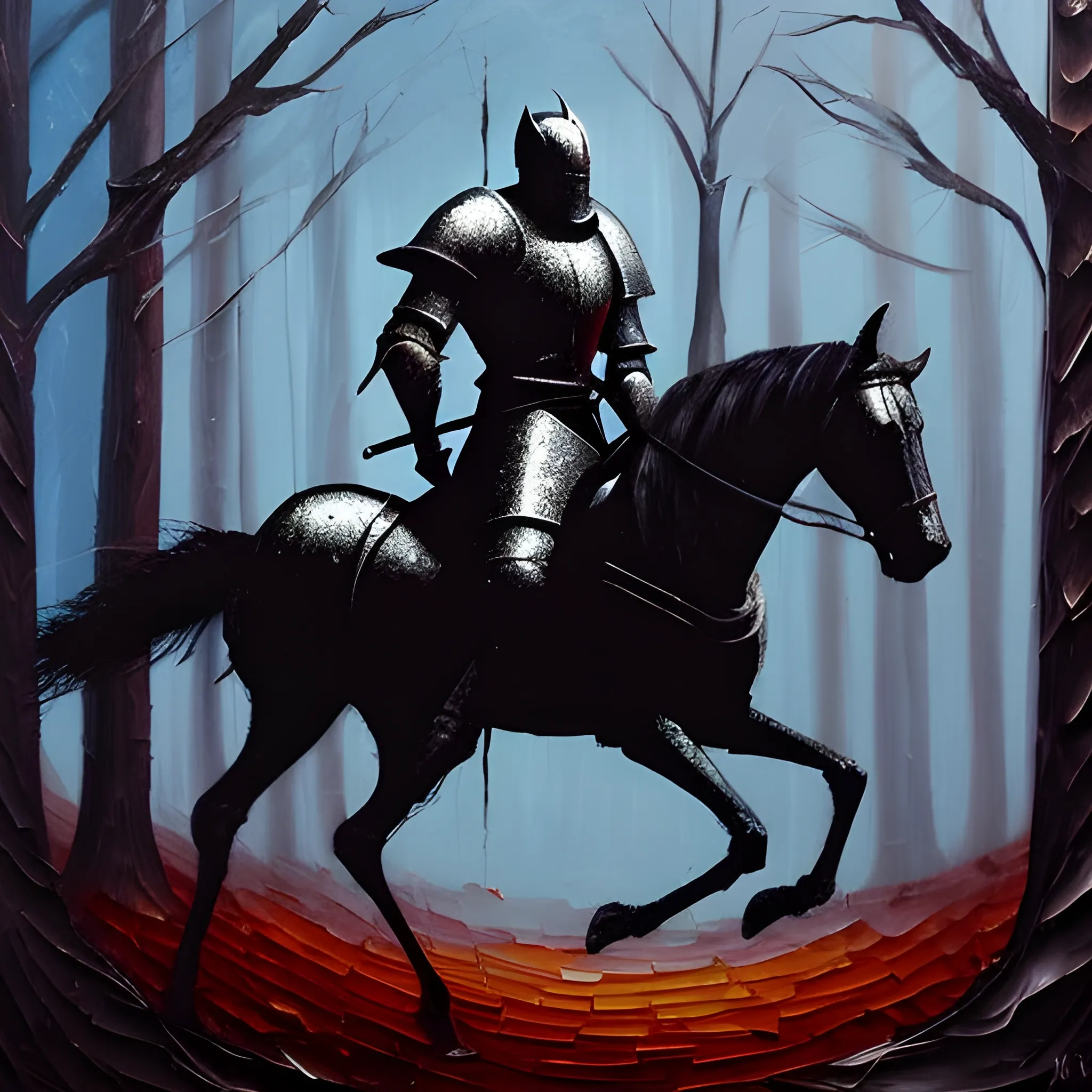 abstract oil painting of a knight riding through dark forest
