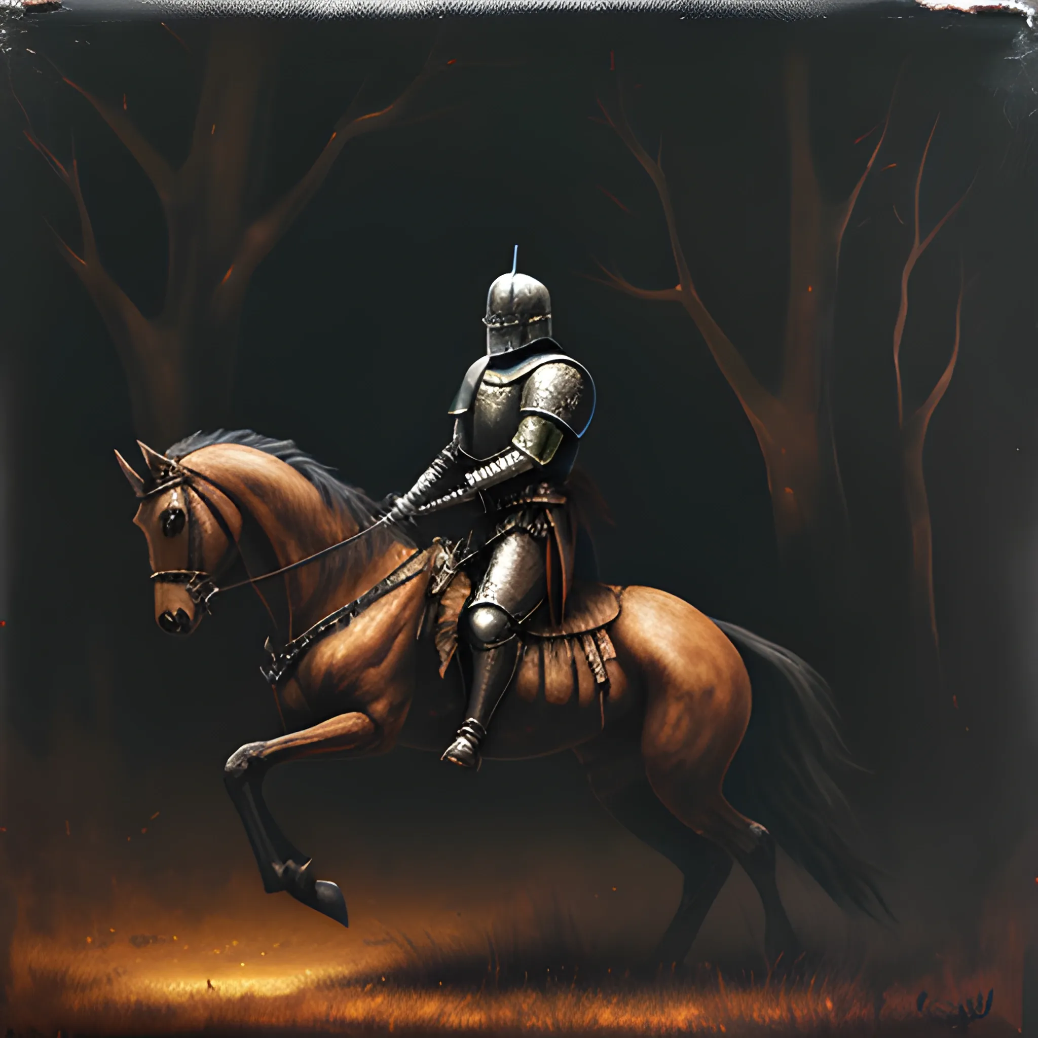 dark, grim oil painting of a knight riding through black forest
