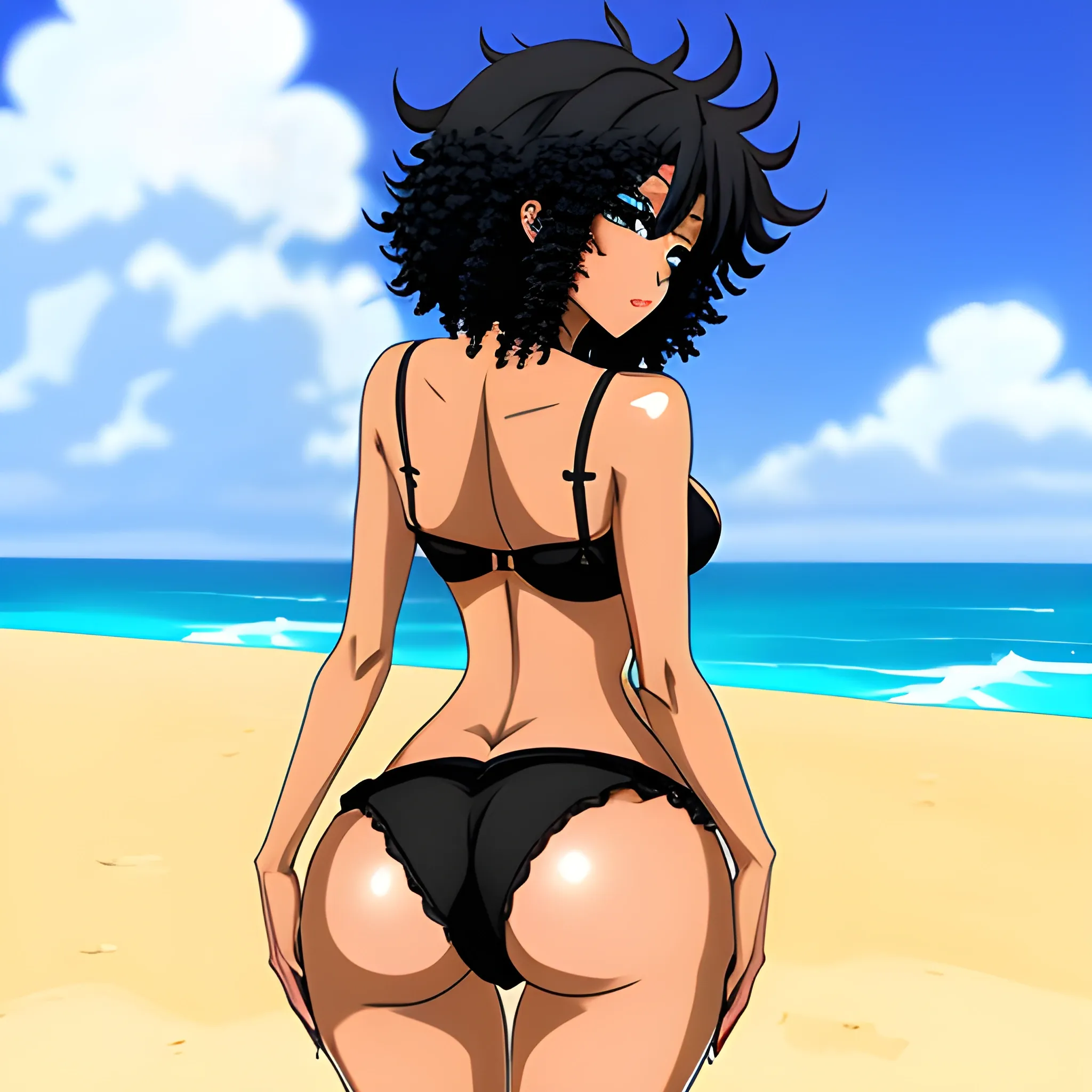 Anime,beach,rear view, blackskin,cute girl,black curly hair,black bra, no panties,cartoon,hand under big butt, , Cartoon,big breast


