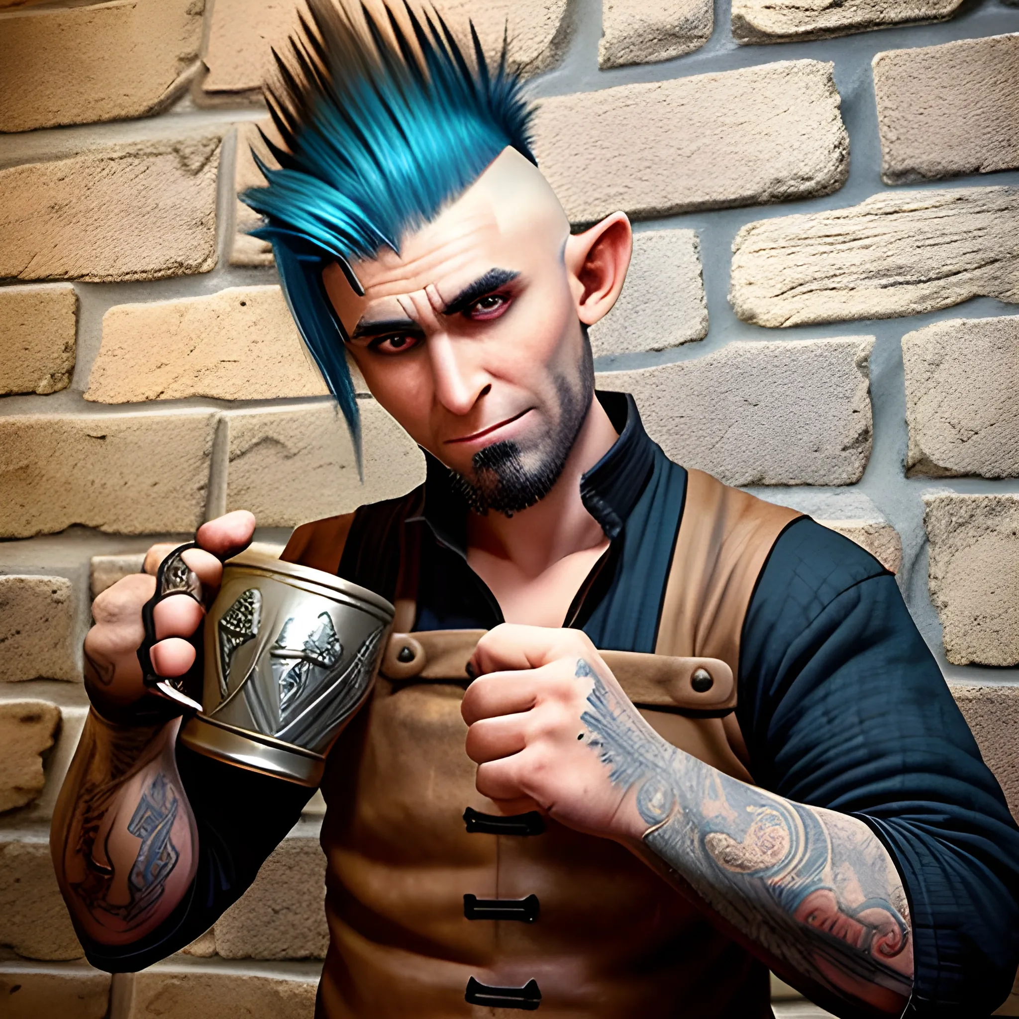 A fearsome medieval bartender half elf with a mohawk haircut, without an eye and a big scar on his face with a smirk and a wooden mug ou a counter