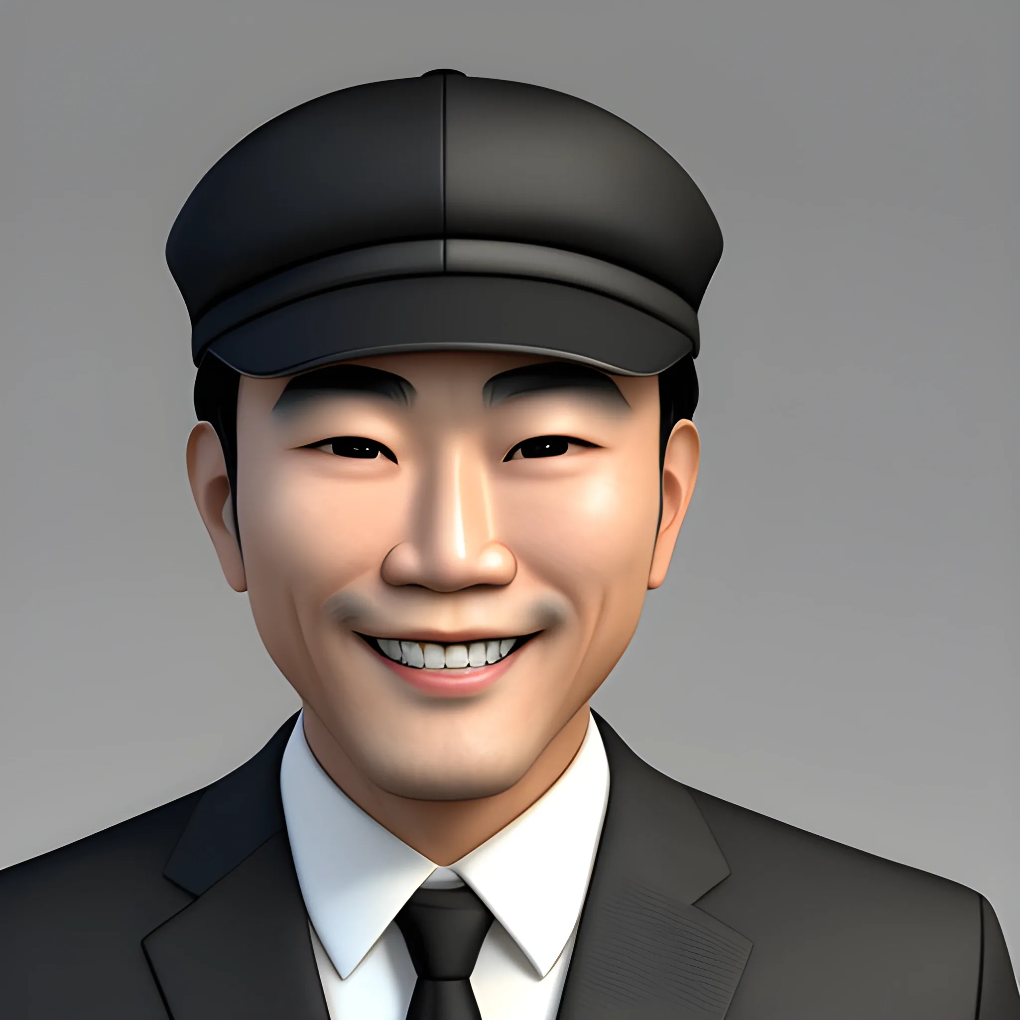 Asian man with a smile, wearing a cap, facial detail, sharp nose, black eyes, wearing a black suit, formal, his eyes looking at the camera, 4k, with a greeting pose, 3D