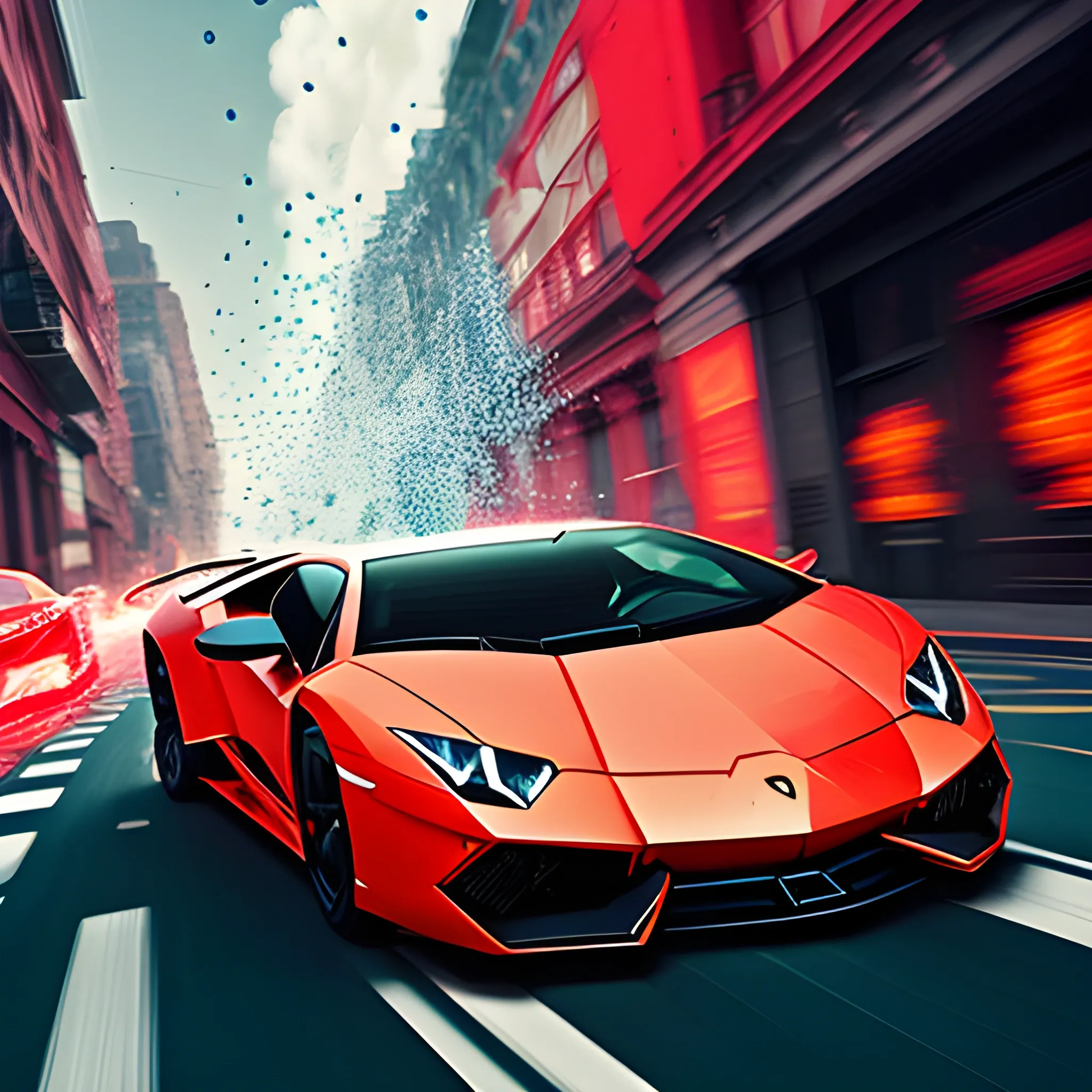 The Lamborghini Red car is a translucent fractal ramship emitting a glowing shell of azure lightnings, bold composition, Motion Blur, speedy action, detailed. The background is a hairy City street of cottonballs in glowing cloudy filaments connect fantastic blurred expressions of speed