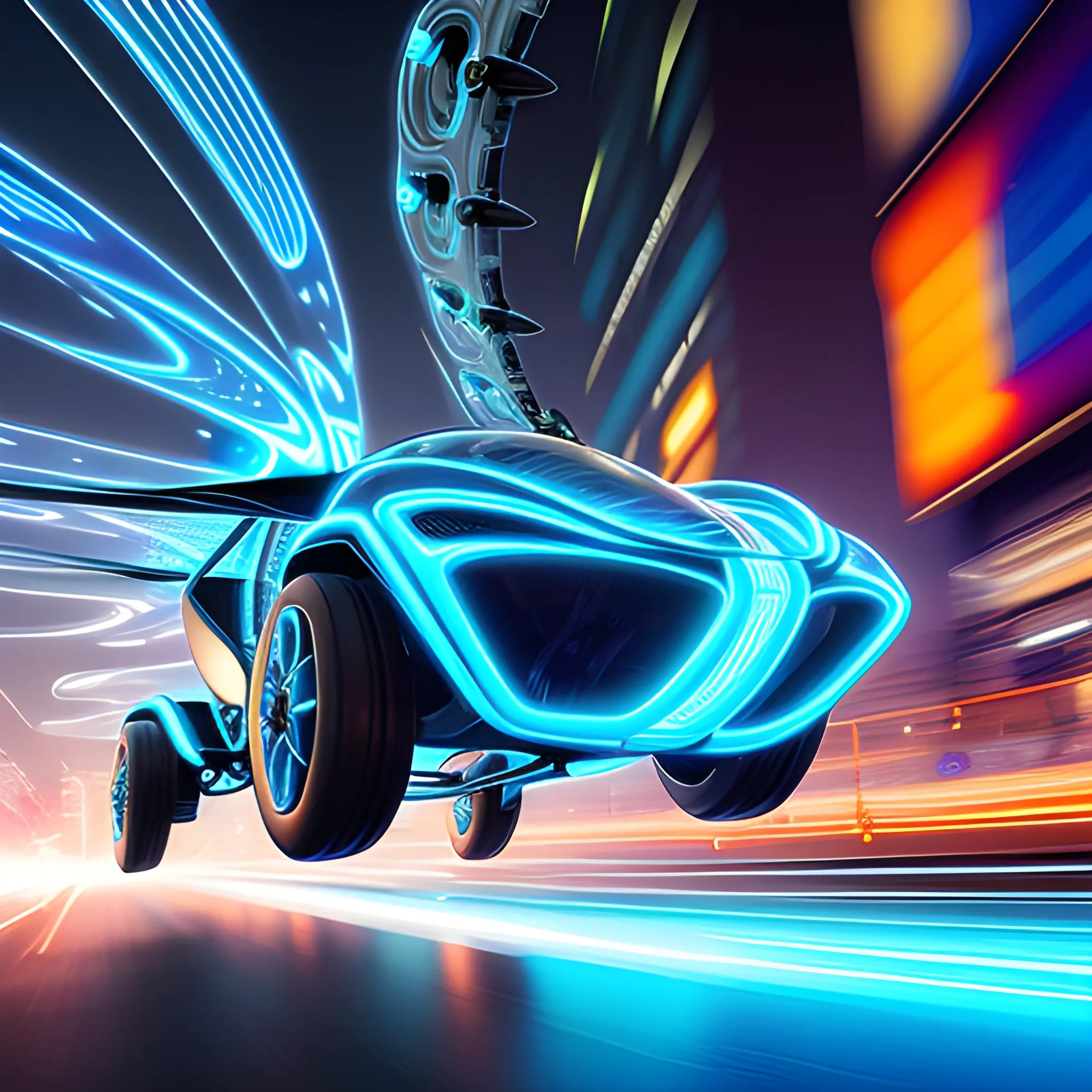 The (Futuristic flying Car with Rotors) is a translucent fractal ramship emitting a glowing shell of azure lightnings, bold composition, Motion Blur, speedy action, detailed. The background is a City street of fantastic blurred expressions of speed