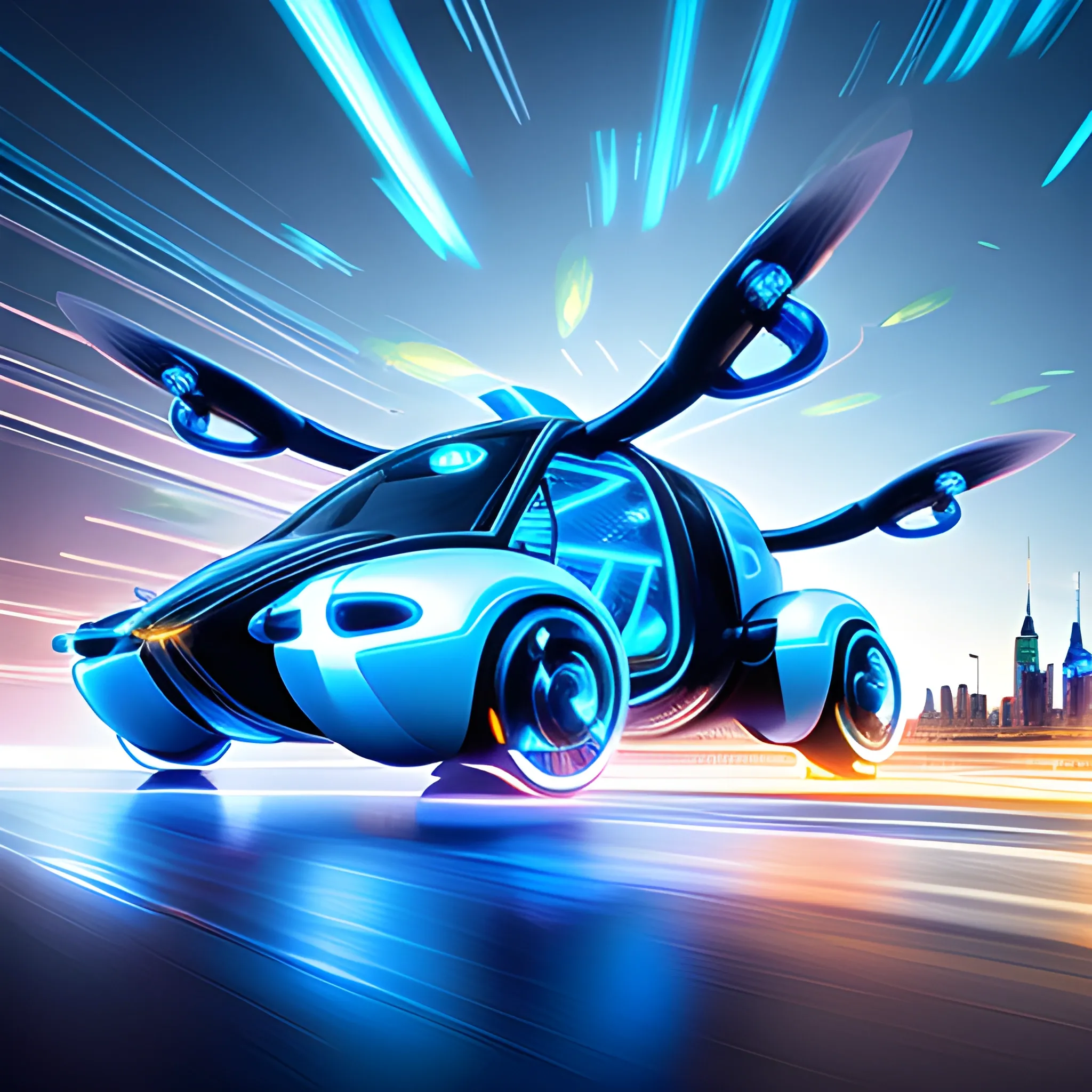 The (Futuristic flying Car with propeller) is a translucent fractal ramship emitting a glowing shell of azure lightnings, bold composition, Motion Blur, speedy action, detailed. The background is a City street of fantastic blurred expressions of speed