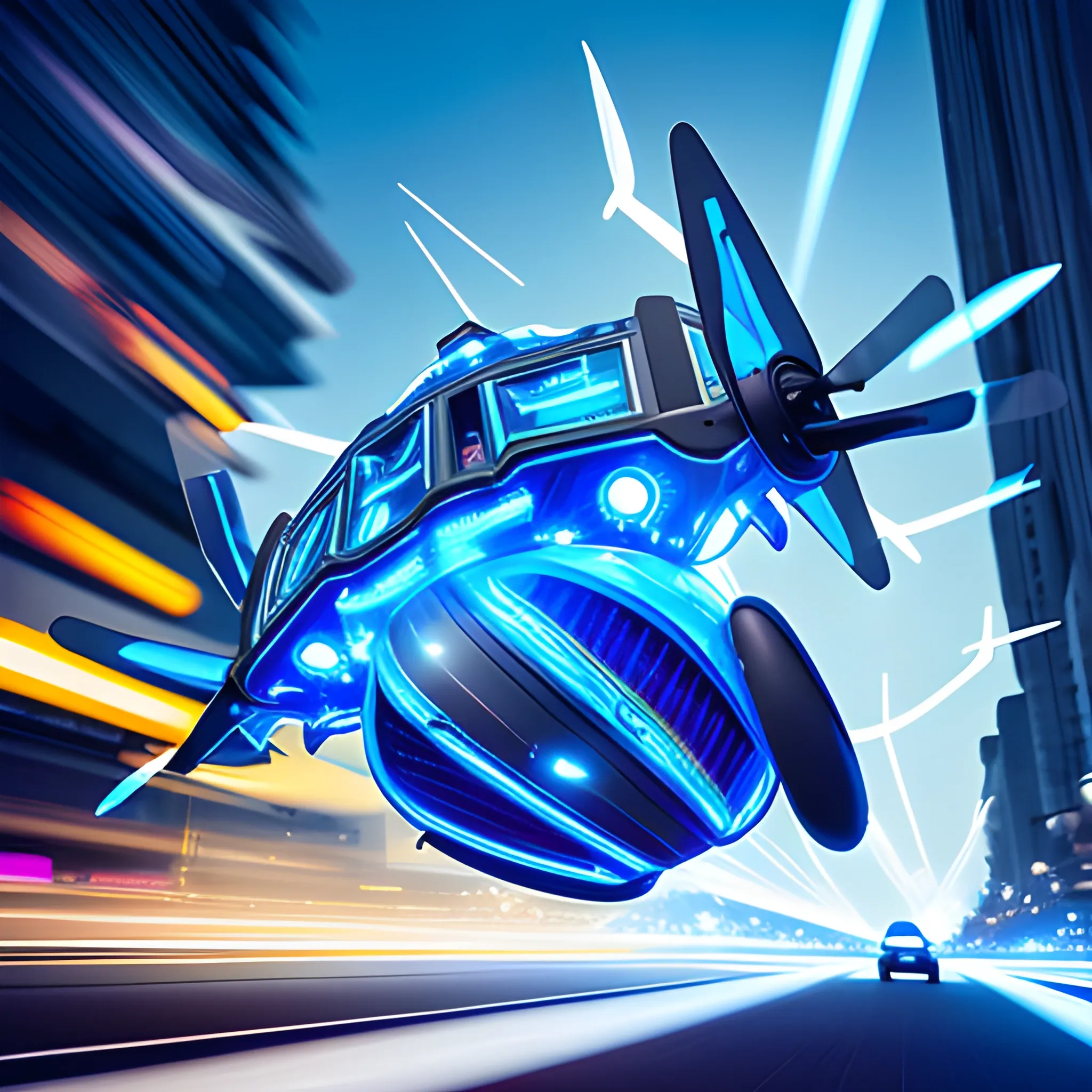 The (flying motor vehicle with Rotors propeller) is a translucent fractal ramship emitting a glowing shell of azure lightnings, bold composition, Motion Blur, speedy action, detailed. The background is a City street 