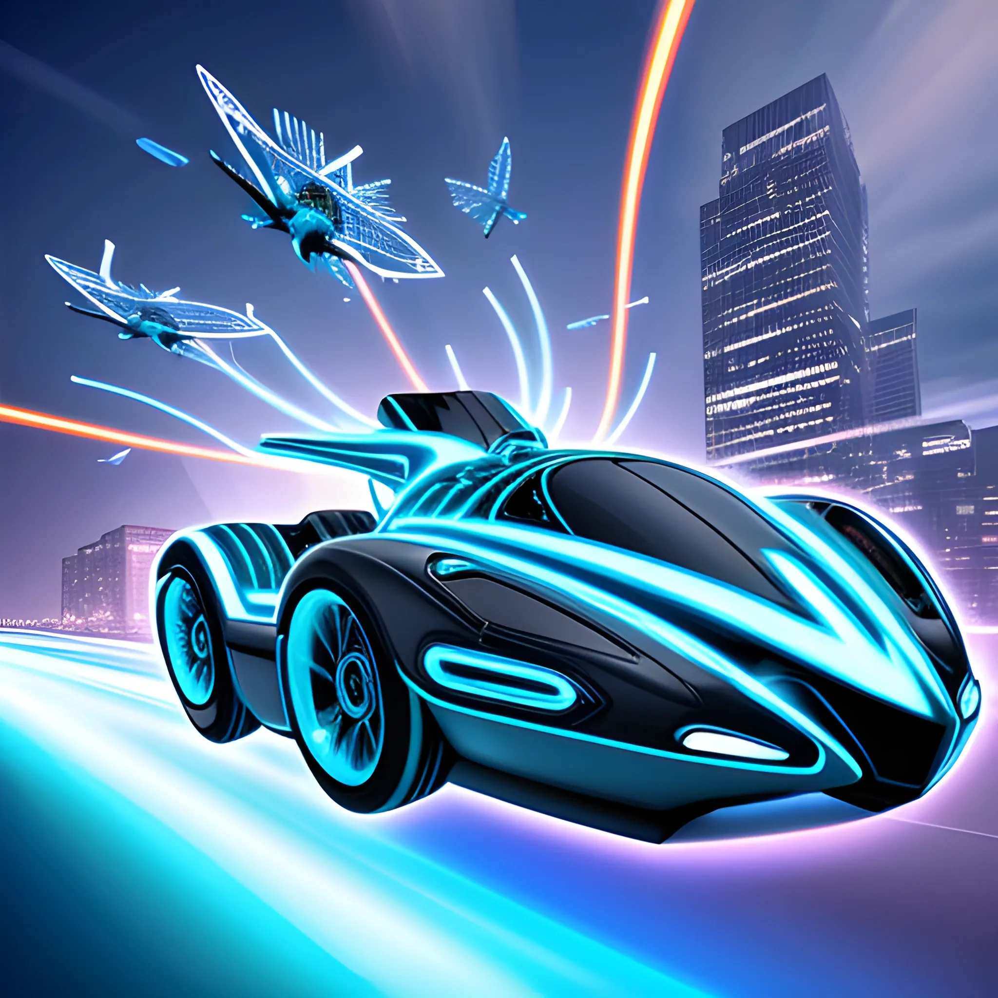 The (flying motor vehicle with Rotors propeller) is a translucent fractal emitting a glowing shell of azure lightnings, bold composition, Motion Blur, speedy action, detailed. The background is a over cityscape