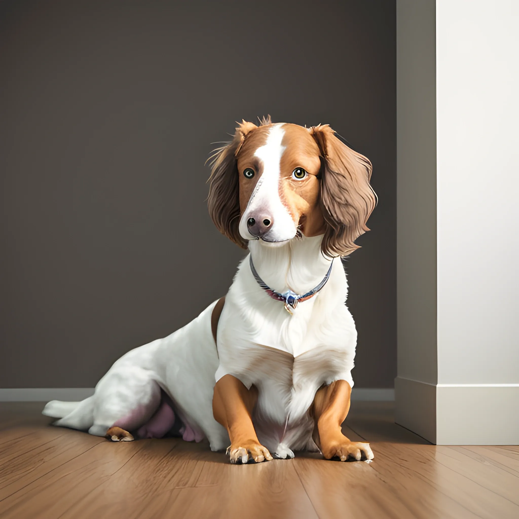 a brown and white dog with very long, luscious hair,on the floor smiling at you,side view,full length shot,white background,photo-realistics,soft shadows,no contract,clean sharp focus,shot on sony a7iv,sigma 24mm f1.4,film grain,natural lighting,professional color grading