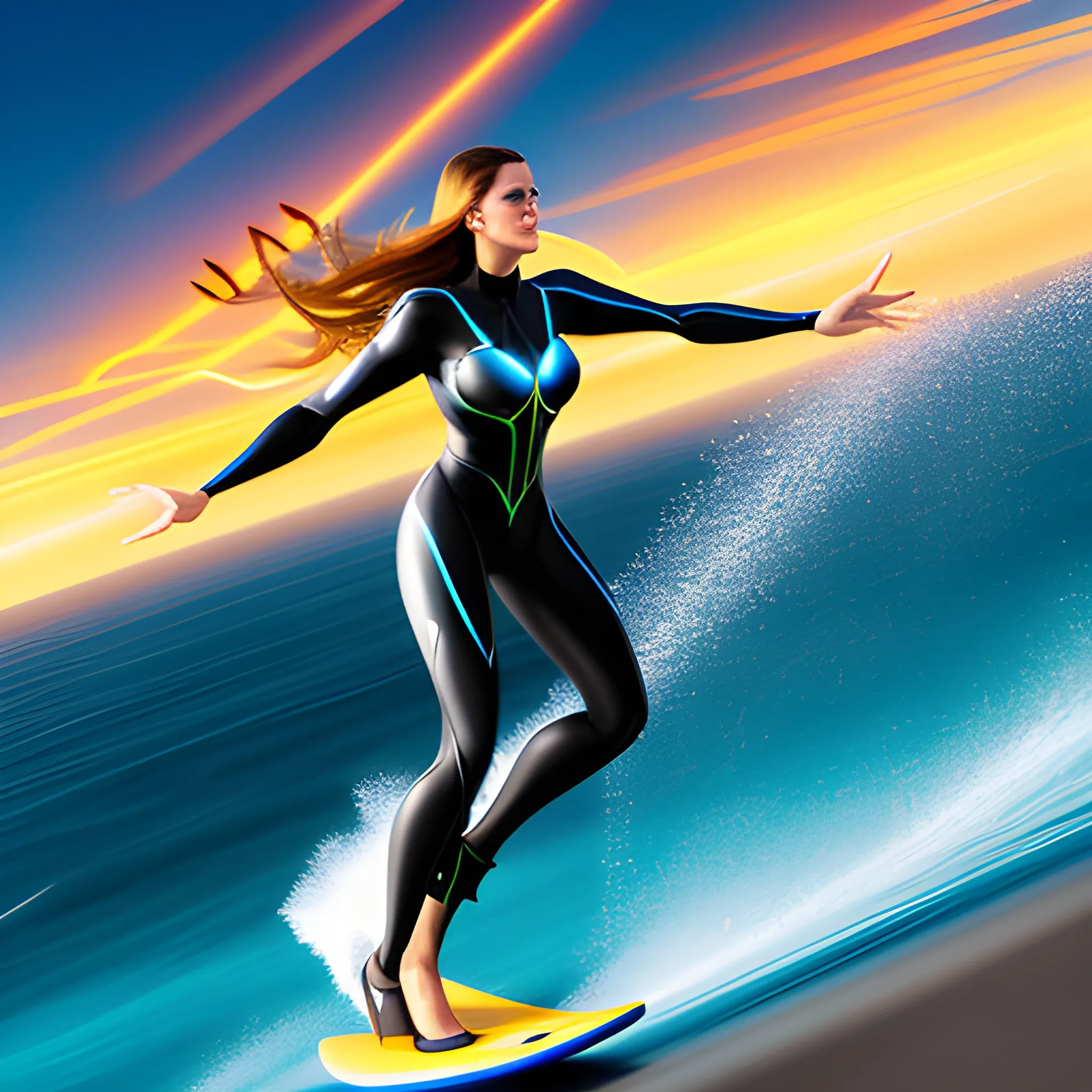 A speeding Girl Surfing on flying Surfing Board with Rotors propeller, a translucent fractal emitting a glowing shell of azure lightnings, bold composition, with motion blur, photography, cinematic lighting, black background 