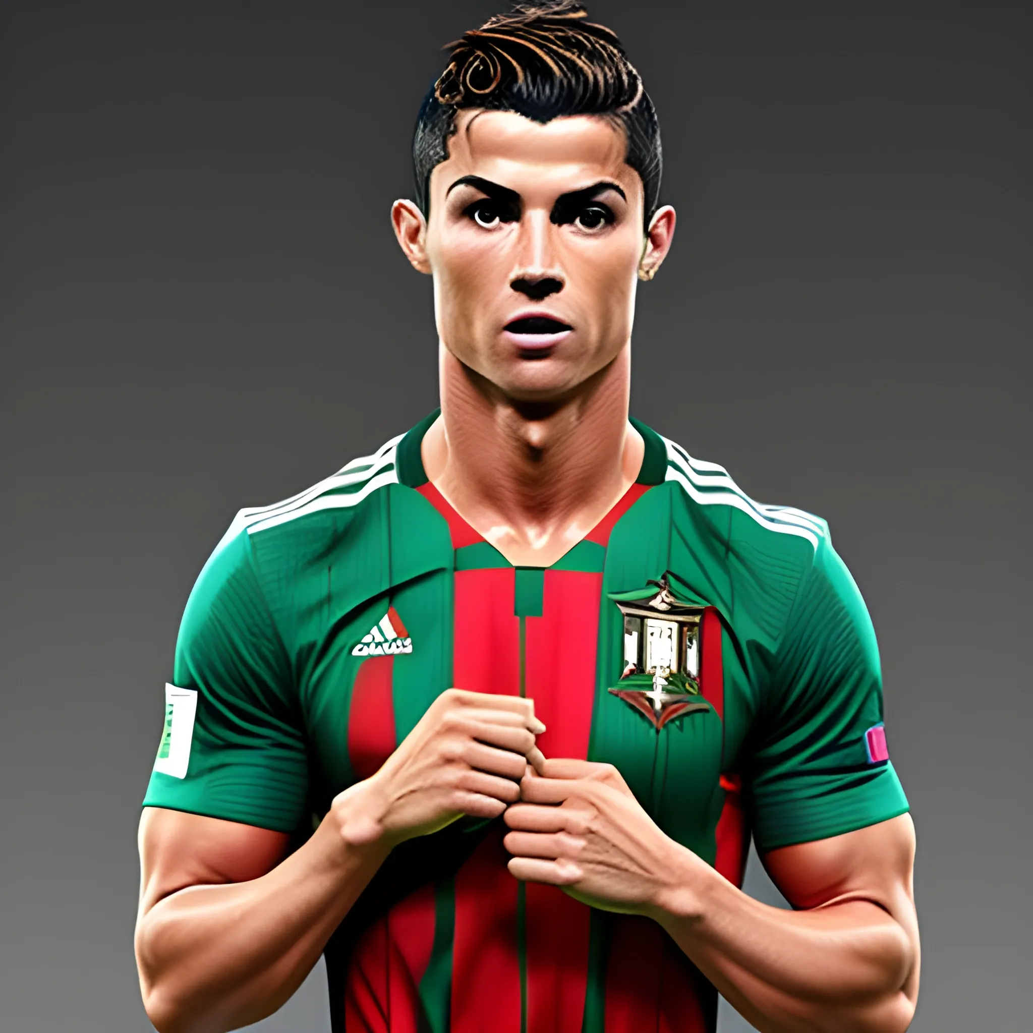 CRISTIANO RONALDO MUSCULAR WEARING PORTUGAL KIT STANDING UP HOLDING WORLDCUP WHITE BACKGROUND