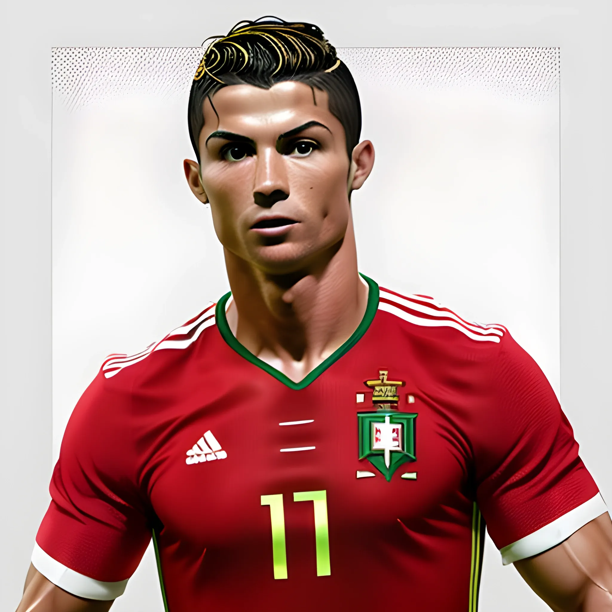 CRISTIANO RONALDO MUSCULAR WEARING PORTUGAL KIT STANDING UP HOLDING EURO CUP WHITE BACKGROUND, 3D