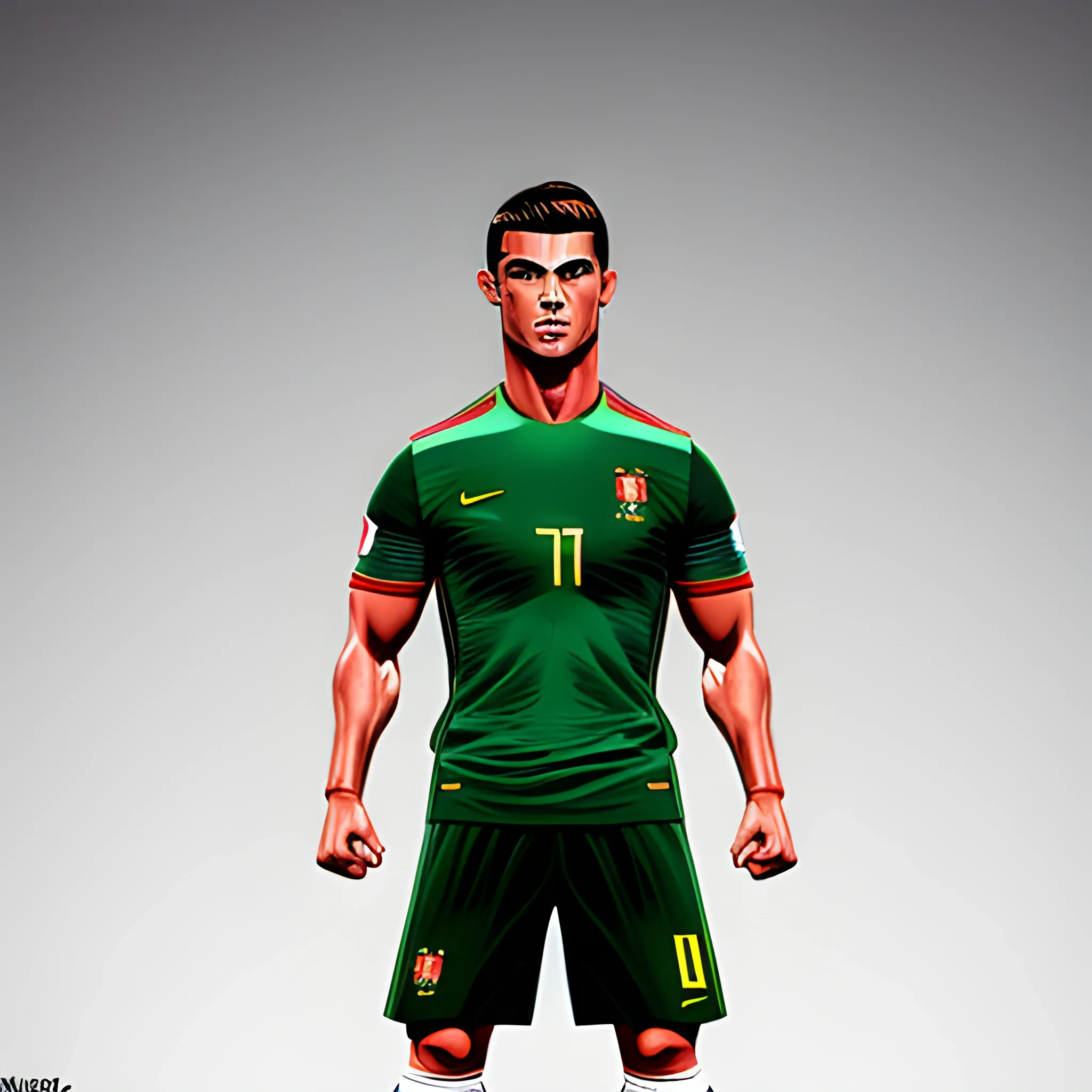 CRISTIANO RONALDO MUSCULAR WEARING PORTUGAL KIT STANDING UP HOLDING EURO CUP WHITE BACKGROUND, 3D, Cartoon