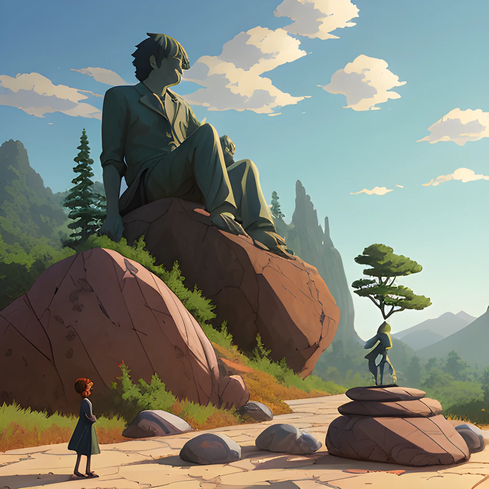 brush with giant statuettes and some rocks... in the style of makoto shinkai and greg rutkowski and albert bierstadt and james gurney, Cartoon