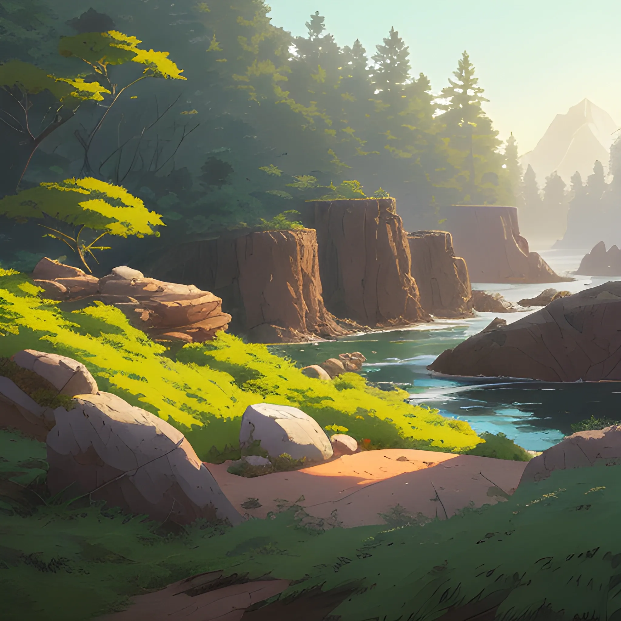 horizontal view with bush and rocks... in the style of makoto shinkai and greg rutkowski and albert bierstadt and james gurney, Cartoon