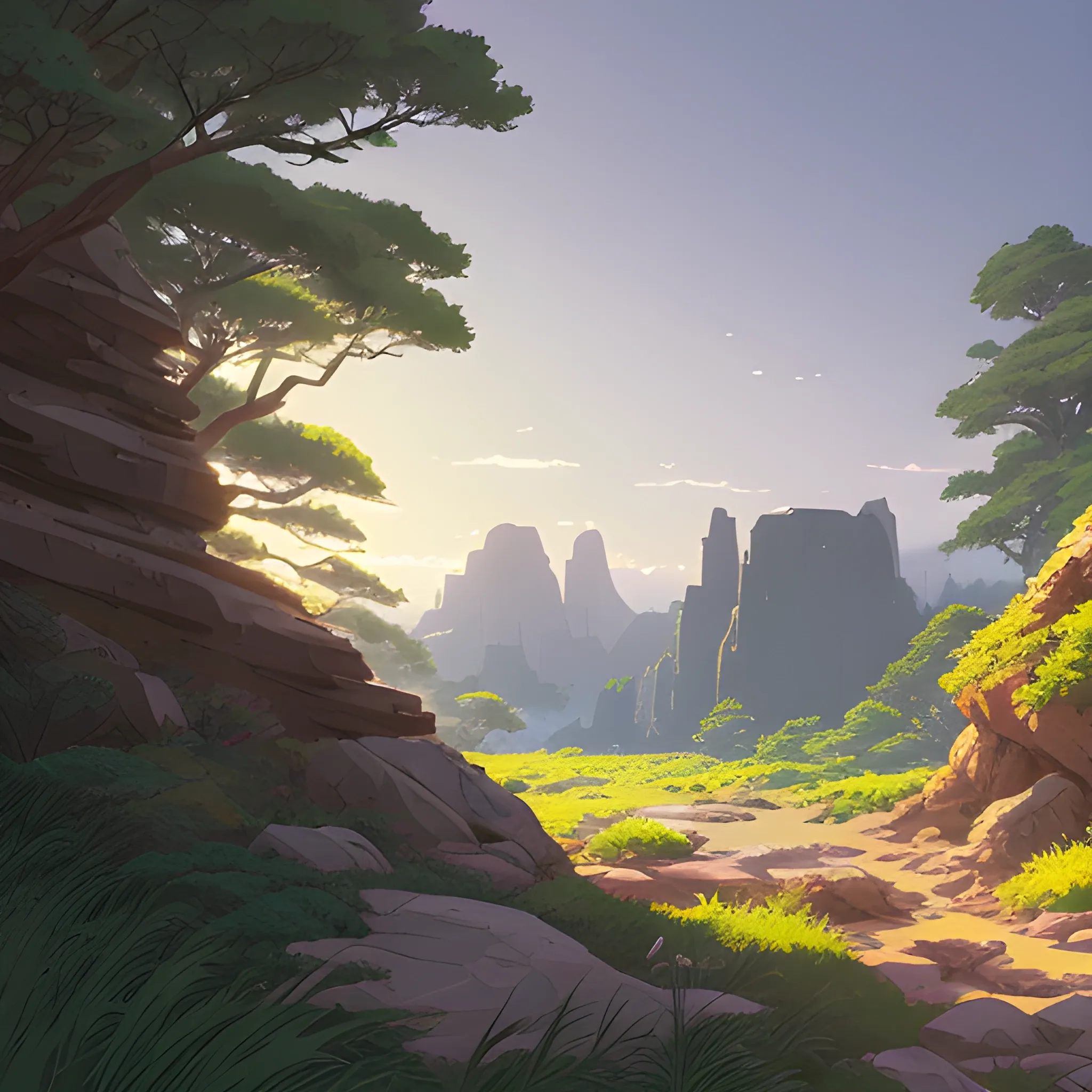 horizontal view with bush and rocks... in the style of makoto shinkai and greg rutkowski and albert bierstadt and james gurney, Cartoon