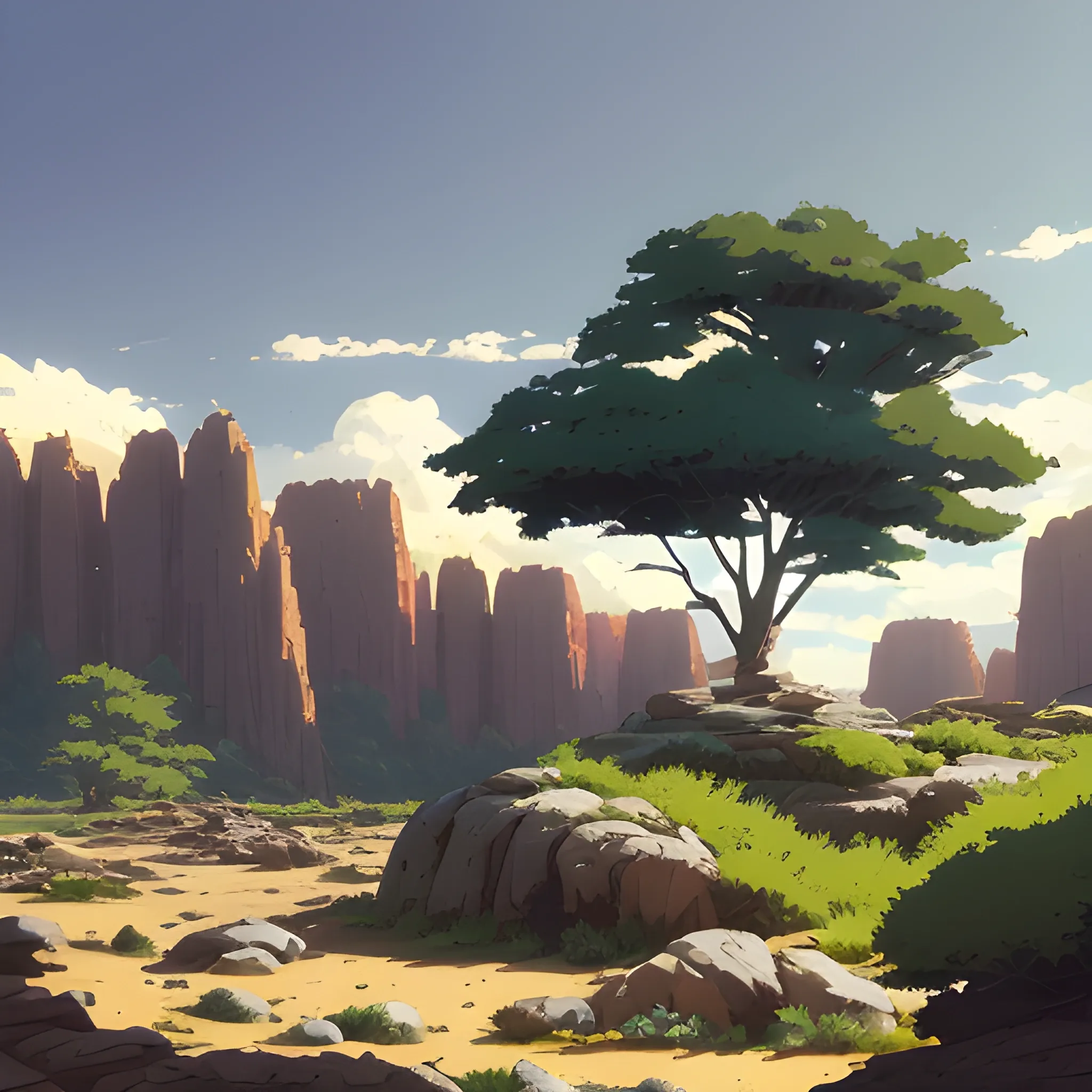 horizontal view with bush and rocks... in the style of makoto shinkai and greg rutkowski and albert bierstadt and james gurney, Cartoon