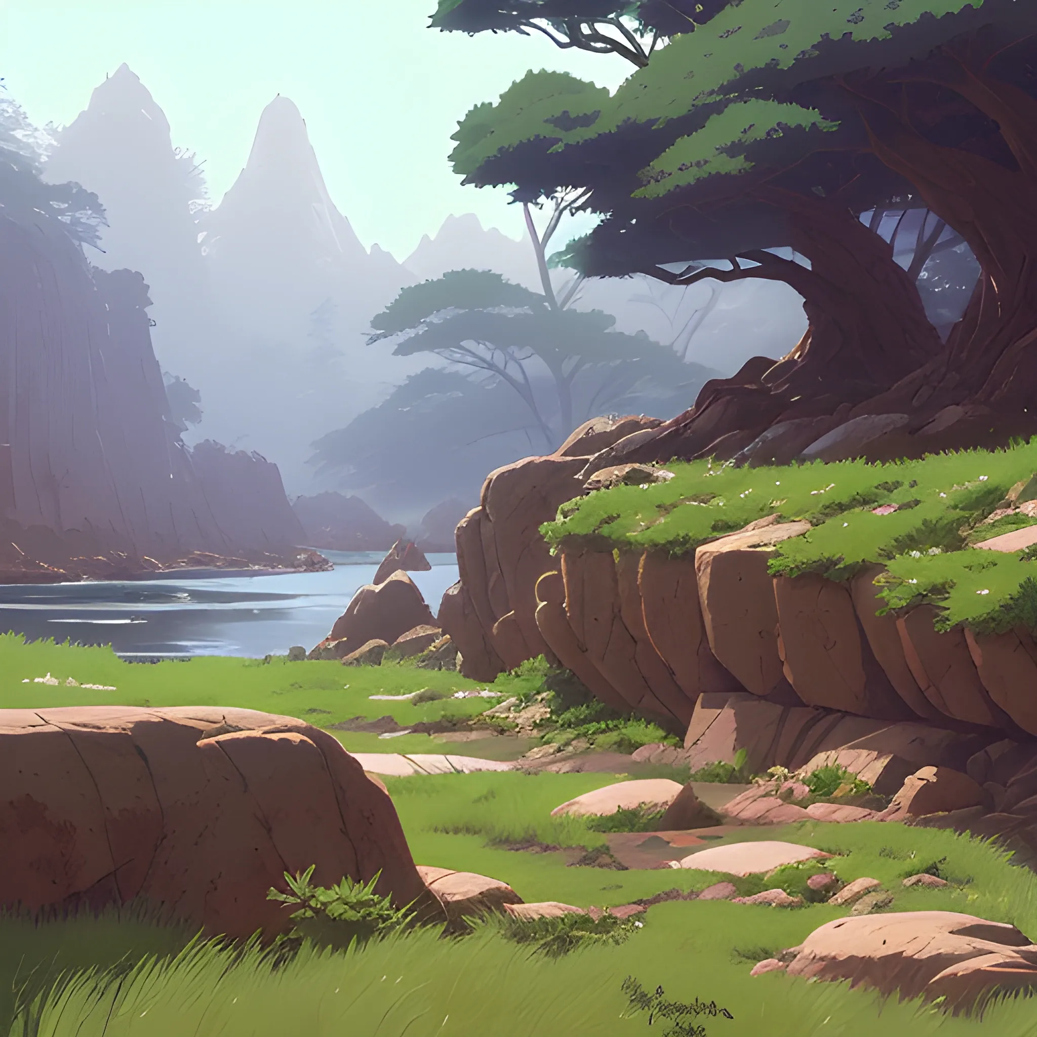 horizontal view with bush and rocks... in the style of makoto shinkai and greg rutkowski and albert bierstadt and james gurney, Cartoon