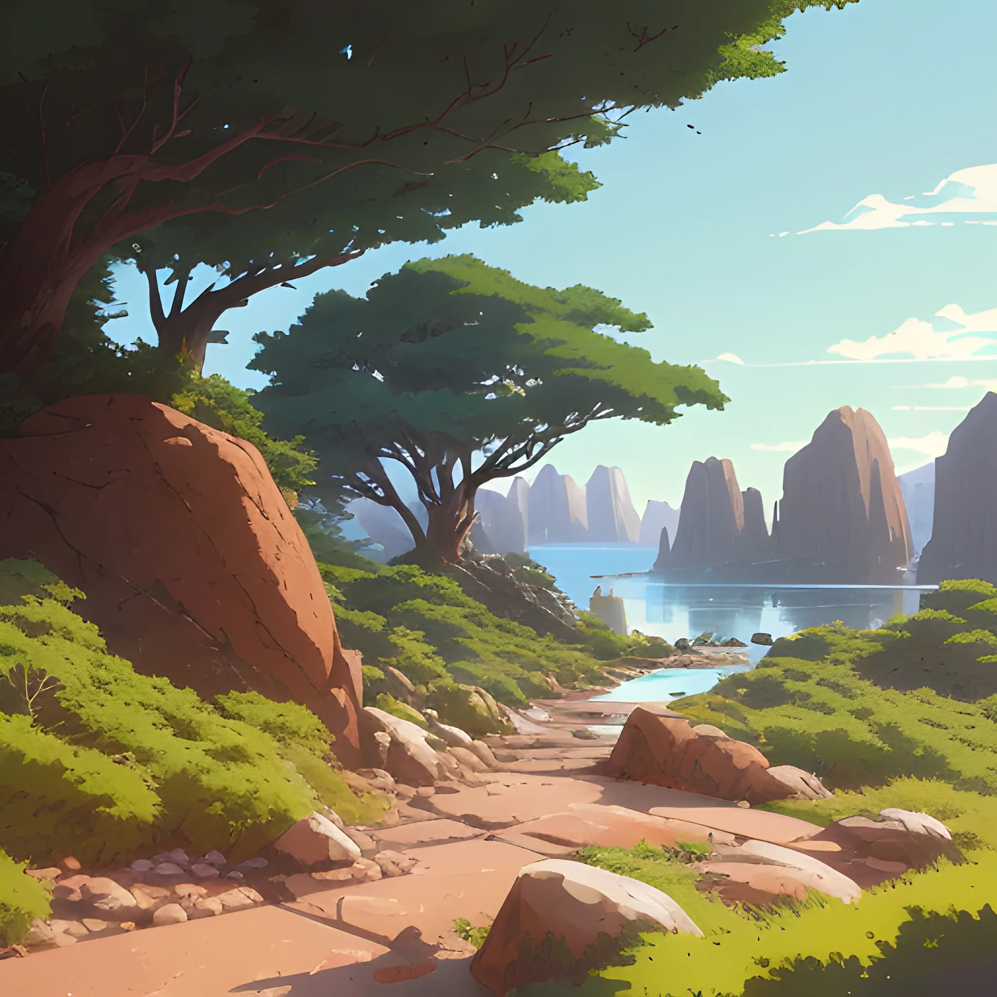 horizontal view with bush and rocks... in the style of makoto shinkai and greg rutkowski and albert bierstadt and james gurney, Cartoon