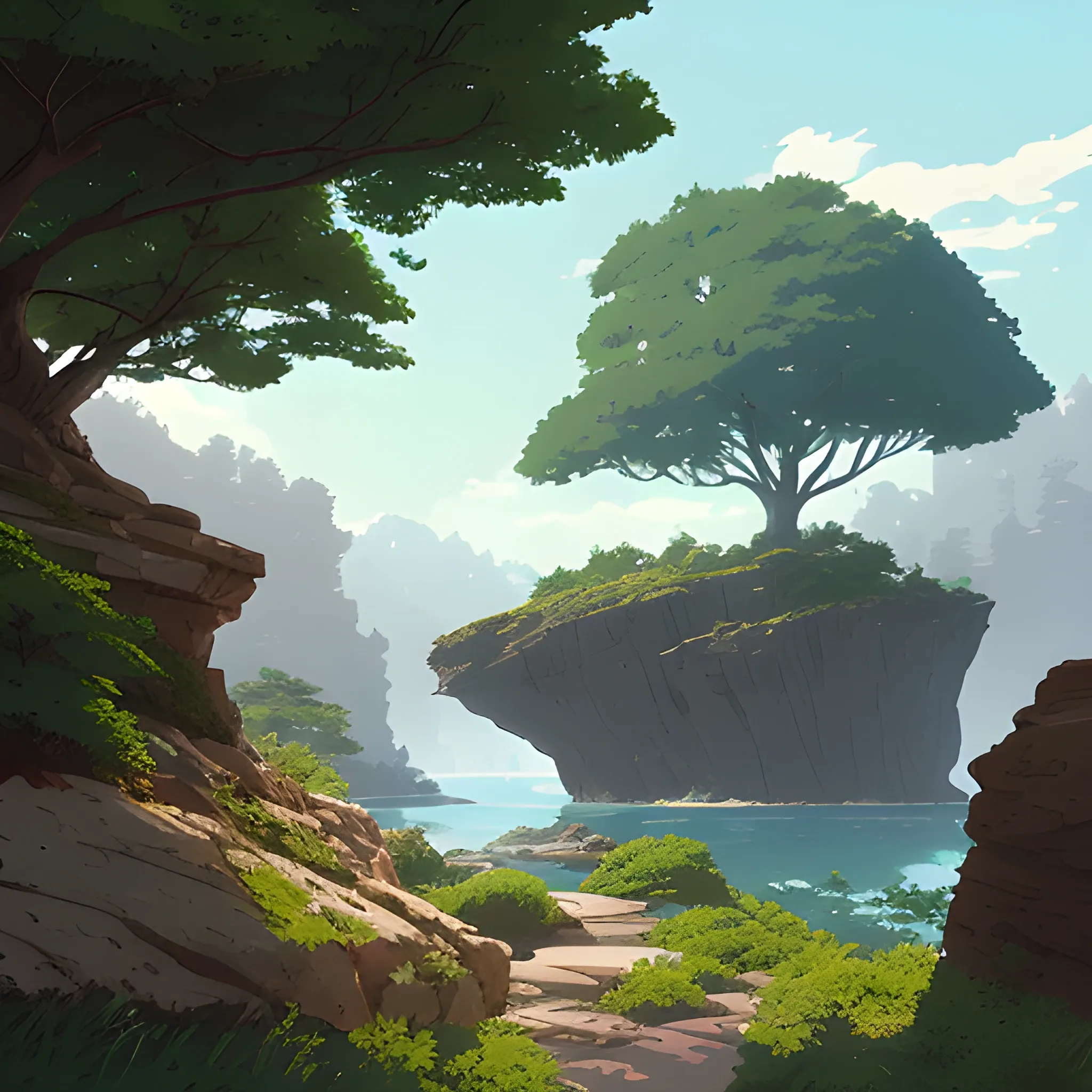 horizontal view with bush and rocks... in the style of makoto shinkai and greg rutkowski and albert bierstadt and james gurney, Cartoon