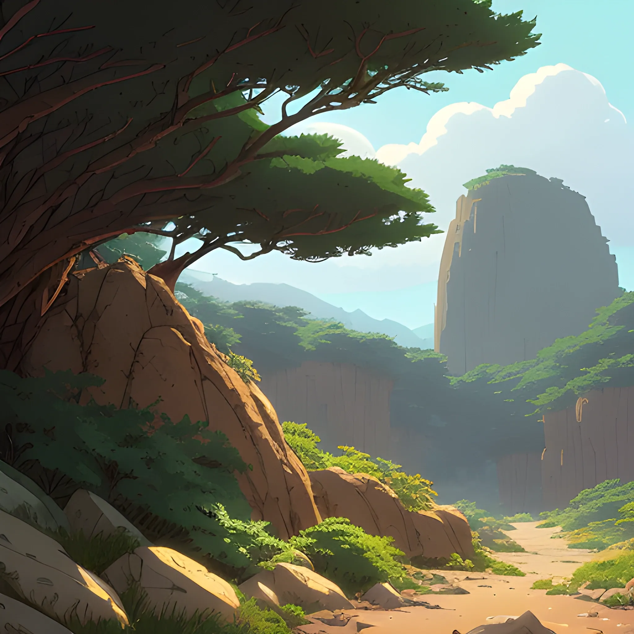 horizontal view with bush and rocks... in the style of makoto shinkai and greg rutkowski and albert bierstadt and james gurney, Cartoon