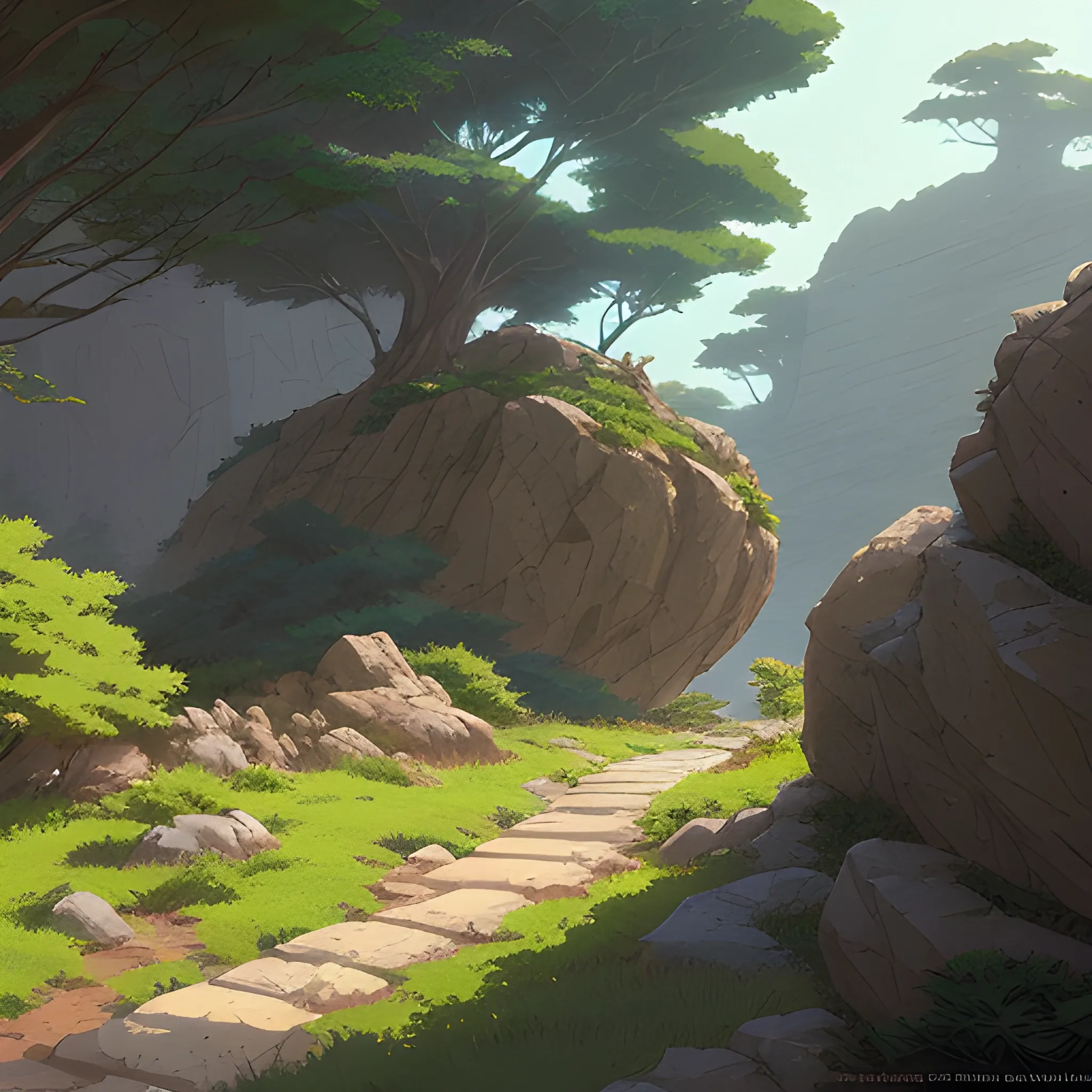 horizontal view with bush and rocks... in the style of makoto shinkai and greg rutkowski and albert bierstadt and james gurney, Cartoon