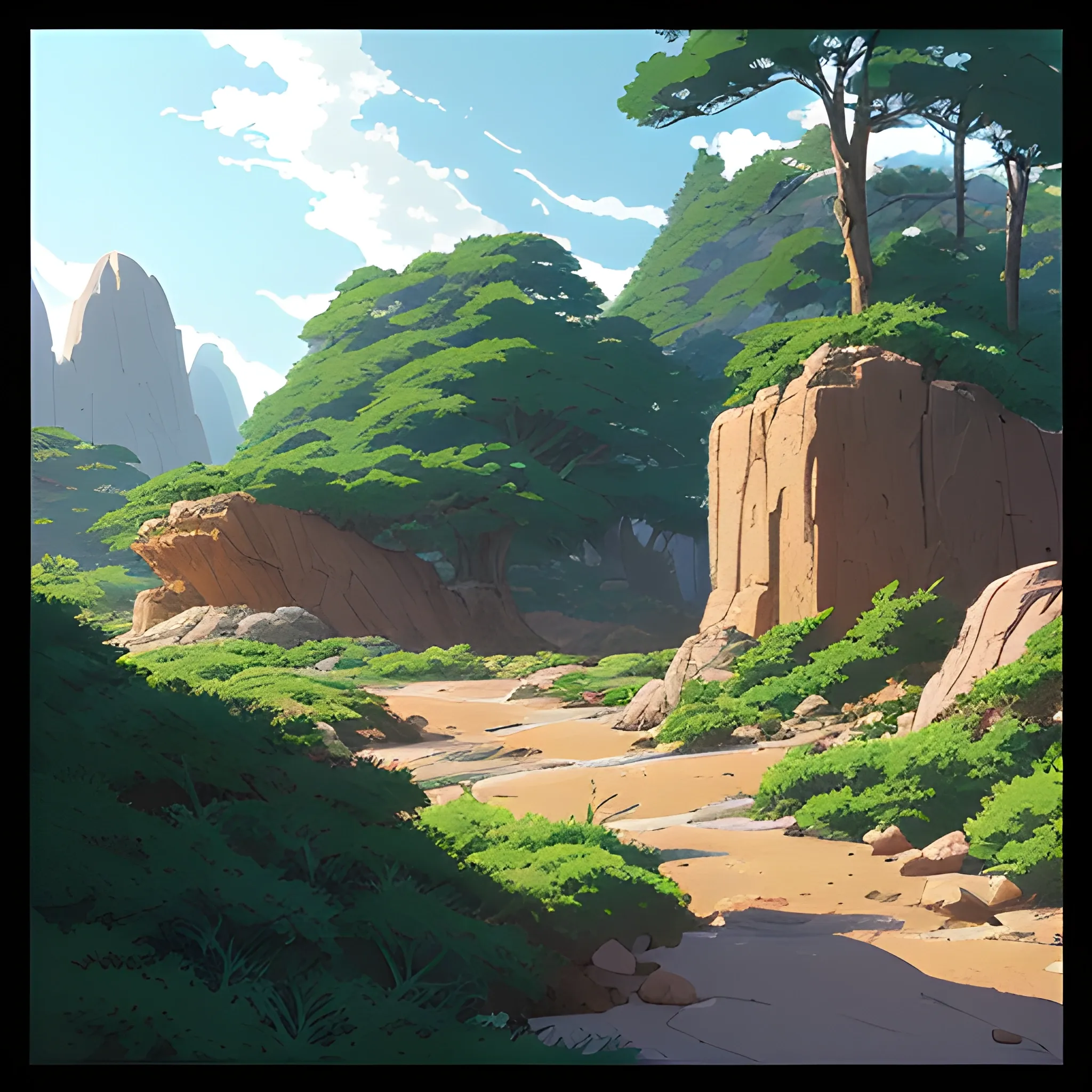 horizontal view with bush and rocks... in the style of makoto shinkai and greg rutkowski and albert bierstadt and james gurney, Cartoon