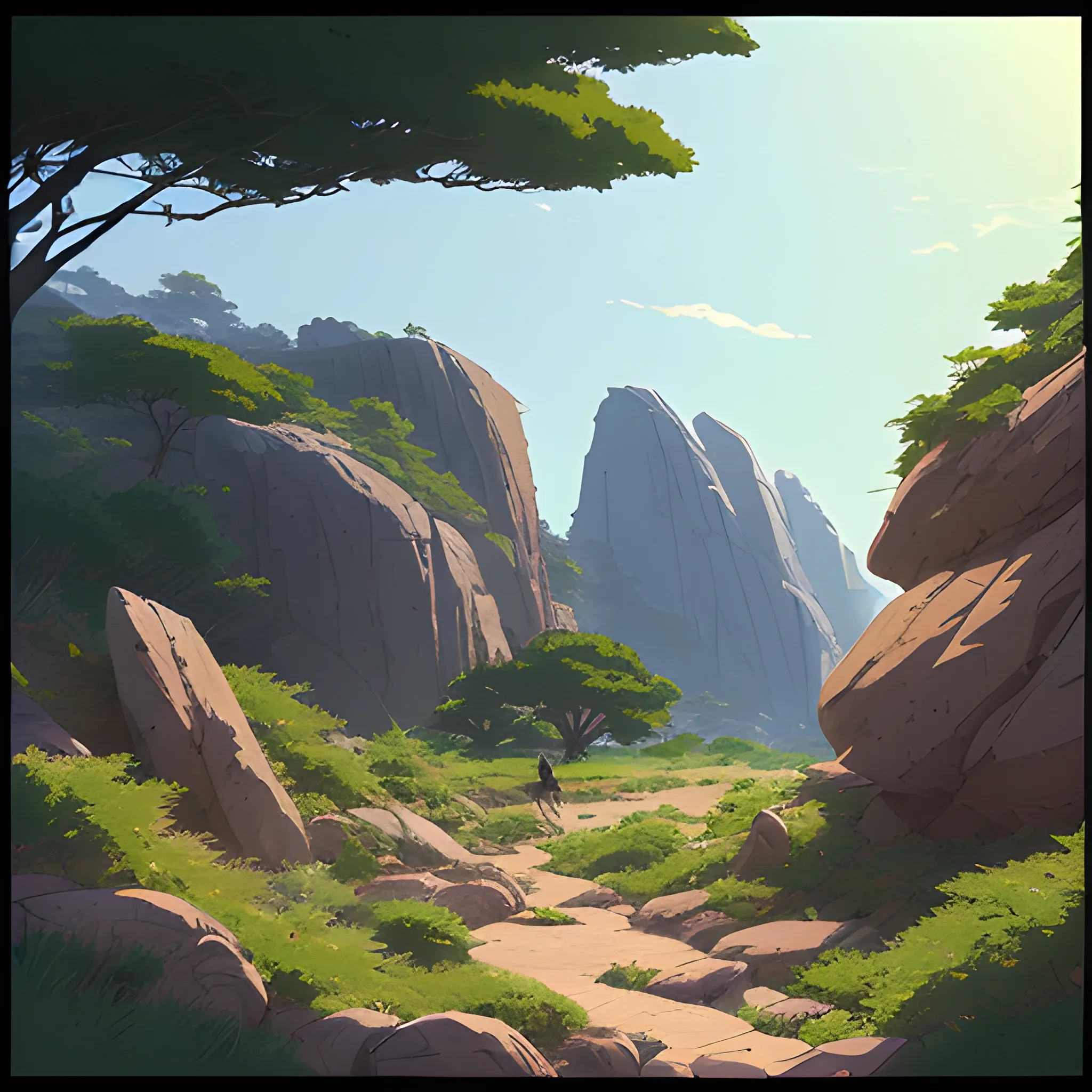 horizontal view with bush and rocks... in the style of makoto shinkai and greg rutkowski and albert bierstadt and james gurney, Cartoon